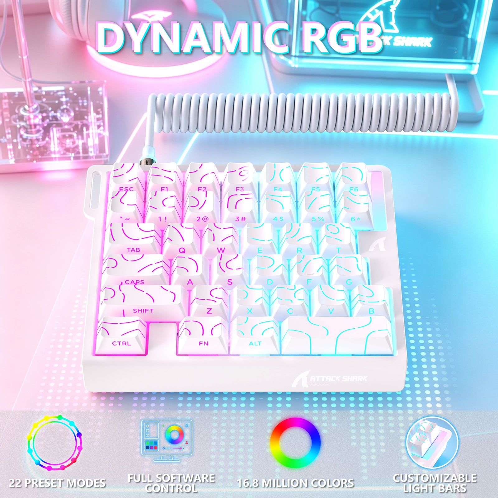 Clavier à interrupteur magnétique à une main ATTACK SHARK M36 HE & câble Aviateur LED ULTRA C01