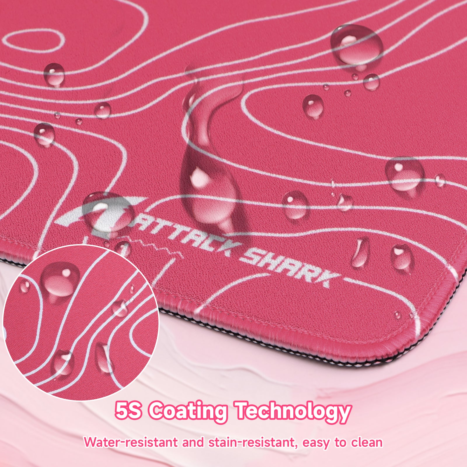 Pink ATTACK SHARK CM02PRO gaming mousepad with 5S coating and water-resistant surface