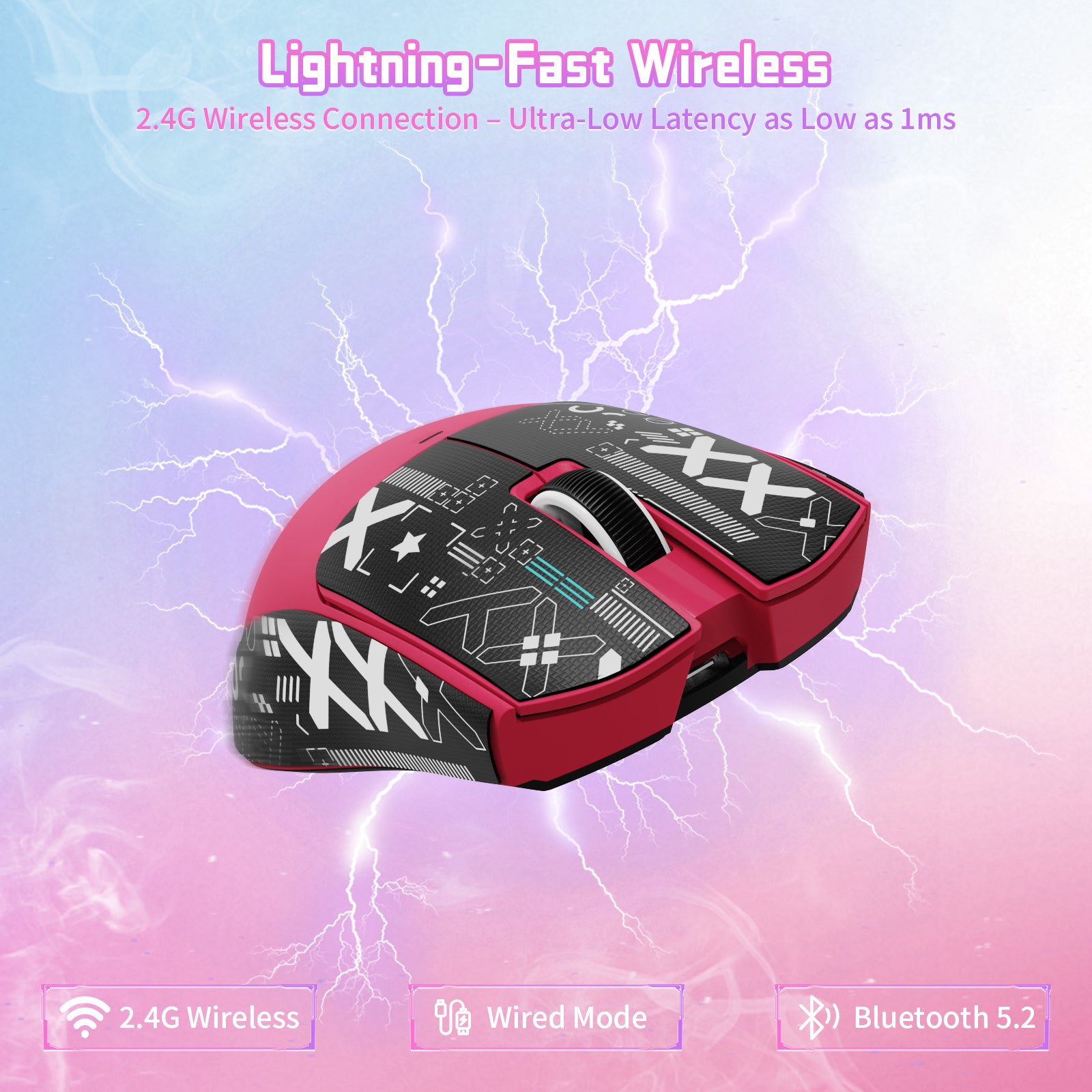 Red ATTACK SHARK X11SE wireless gaming mouse with geometric patterns, "Lightning-Fast Wireless" text, and icons for 2.4G, Wired, and Bluetooth 5.2.