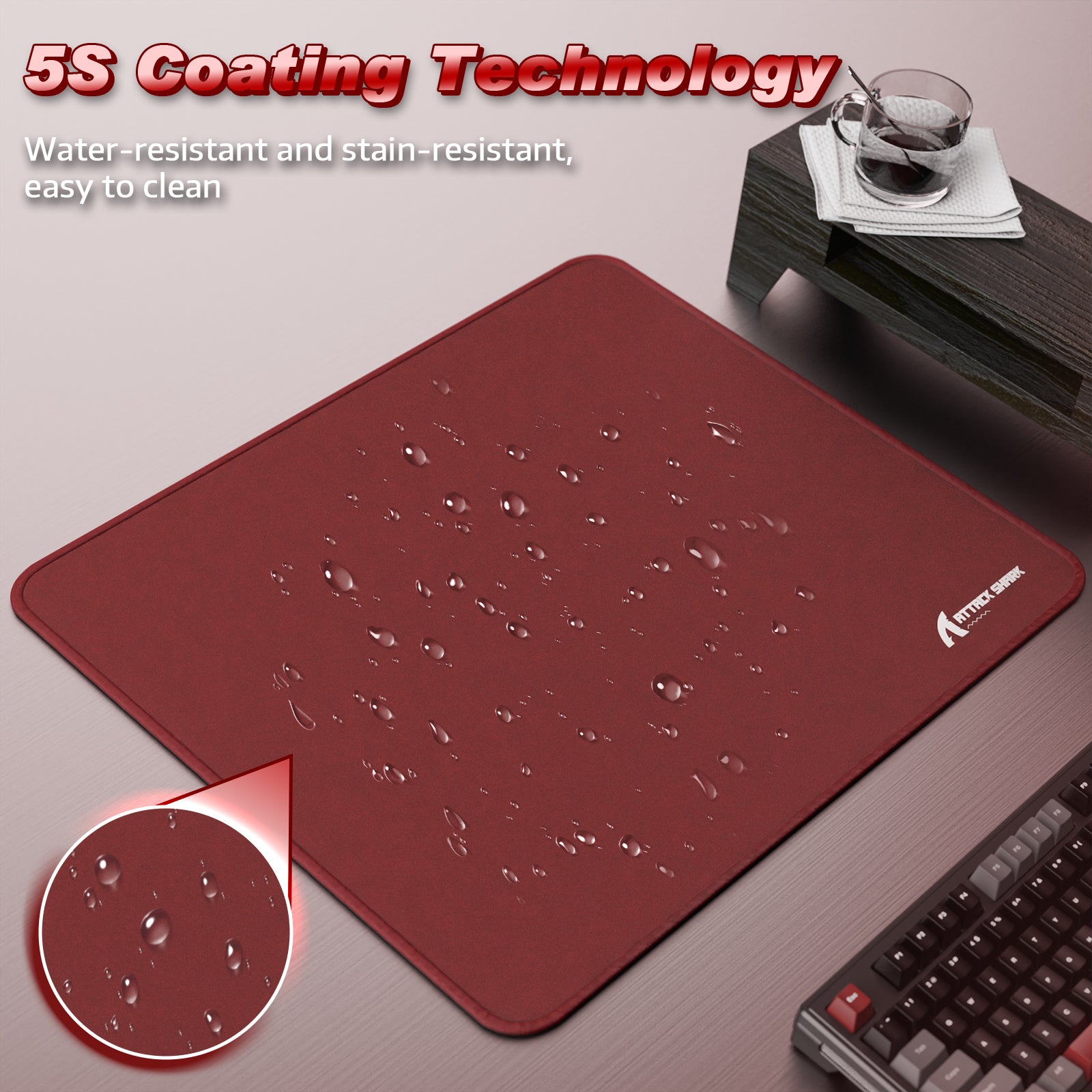 ATTACK SHARK CM02 Gaming Mousepad with 5S coating, water and stain resistant, burgundy surface.
