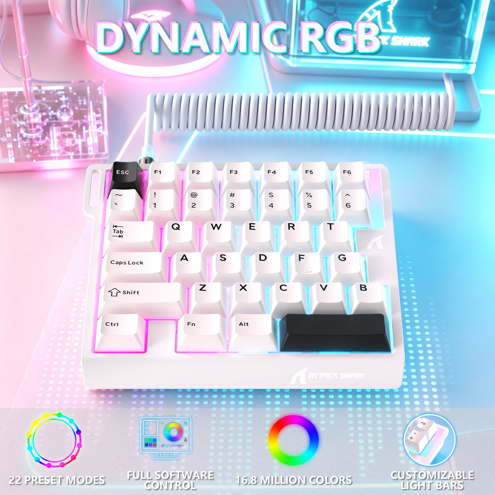 Clavier à interrupteur magnétique à une main ATTACK SHARK M36 HE & câble Aviateur LED ULTRA C01