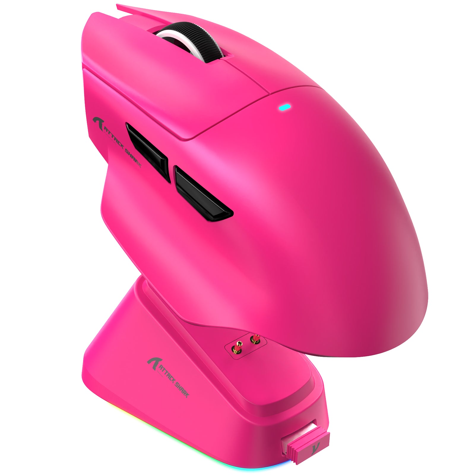 Pink Attack Shark V6 gaming mouse with RGB charging dock