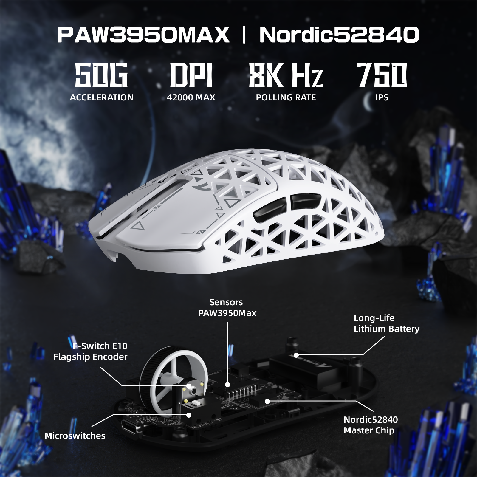 ATTACK SHARK R5 Ultra gaming mouse with PAW3950MAX sensor, 8K polling rate, and carbon fiber build, showcasing internals.