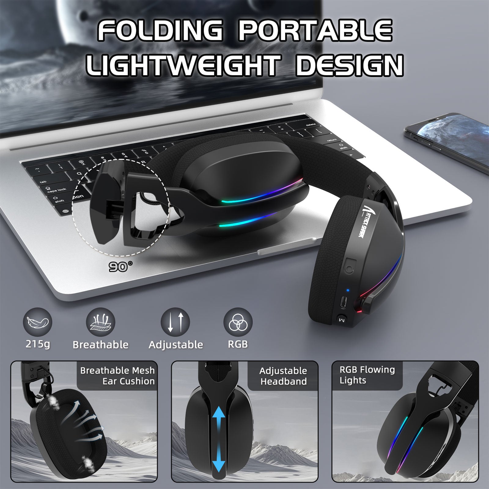 ATTACK SHARK L90 Casque de jeu pliable RGB Ultra-léger tri-mode