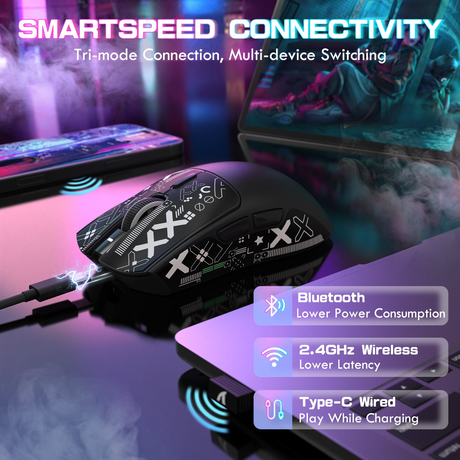 ATTACK SHARK X1 gaming mouse featuring SmartSpeed tri-mode connectivity (Bluetooth, 2.4GHz, Type-C) for versatile gaming.