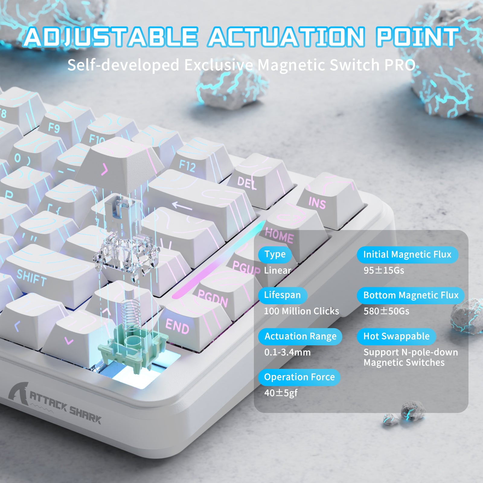 ATTACK SHARK X82PRO HE Gaming Keyboard with Adjustable Actuation Point and Magnetic Switch - White