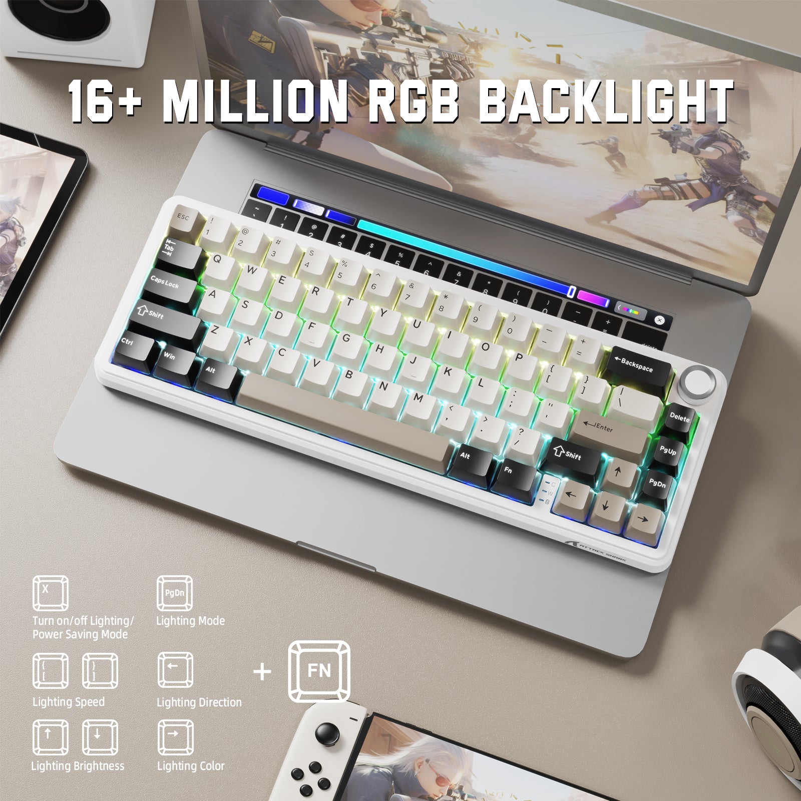 ATTACK SHARK X66 mechanical keyboard with 16+ million RGB backlight, white and gray keycaps, gaming setup.