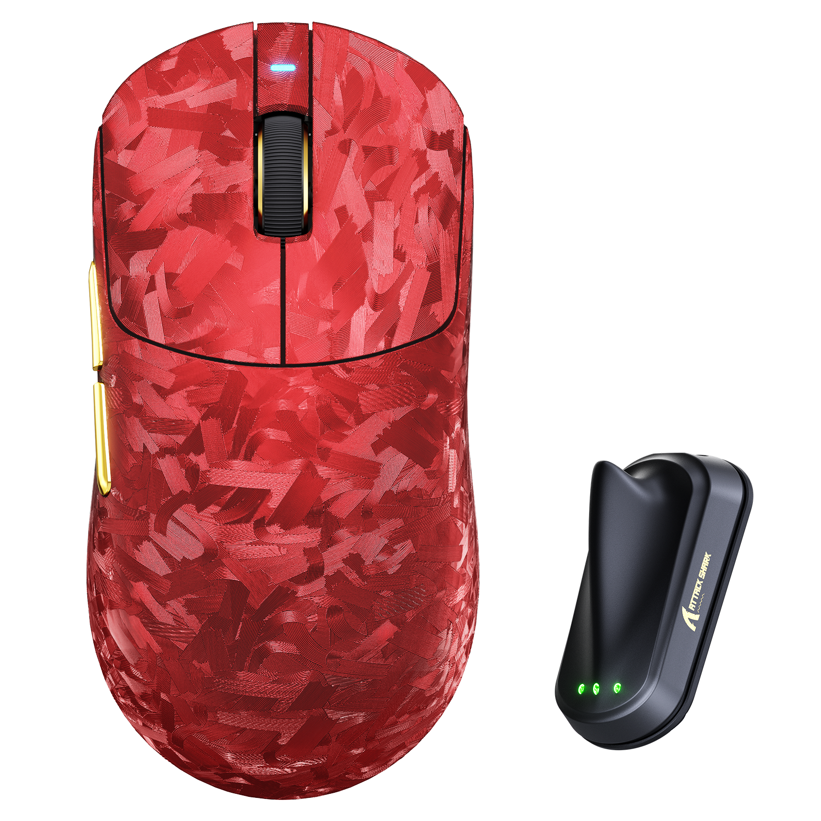 Red carbon fiber ATTACK SHARK RS3 ULTRA wireless gaming mouse with black charging dock