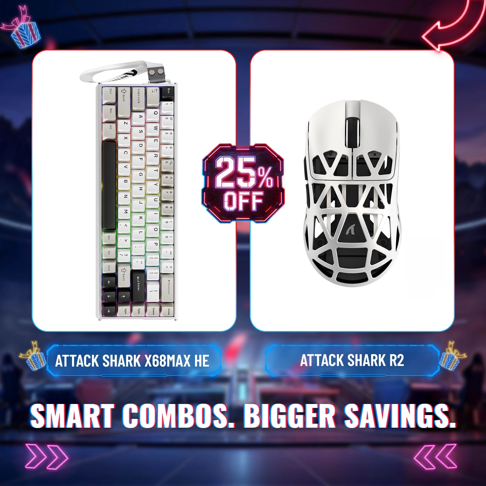 Pack clavier en aluminium à déclenchement rapide ATTACK SHARK X68MAX HE + souris de jeu sans fil en alliage de magnésium R2