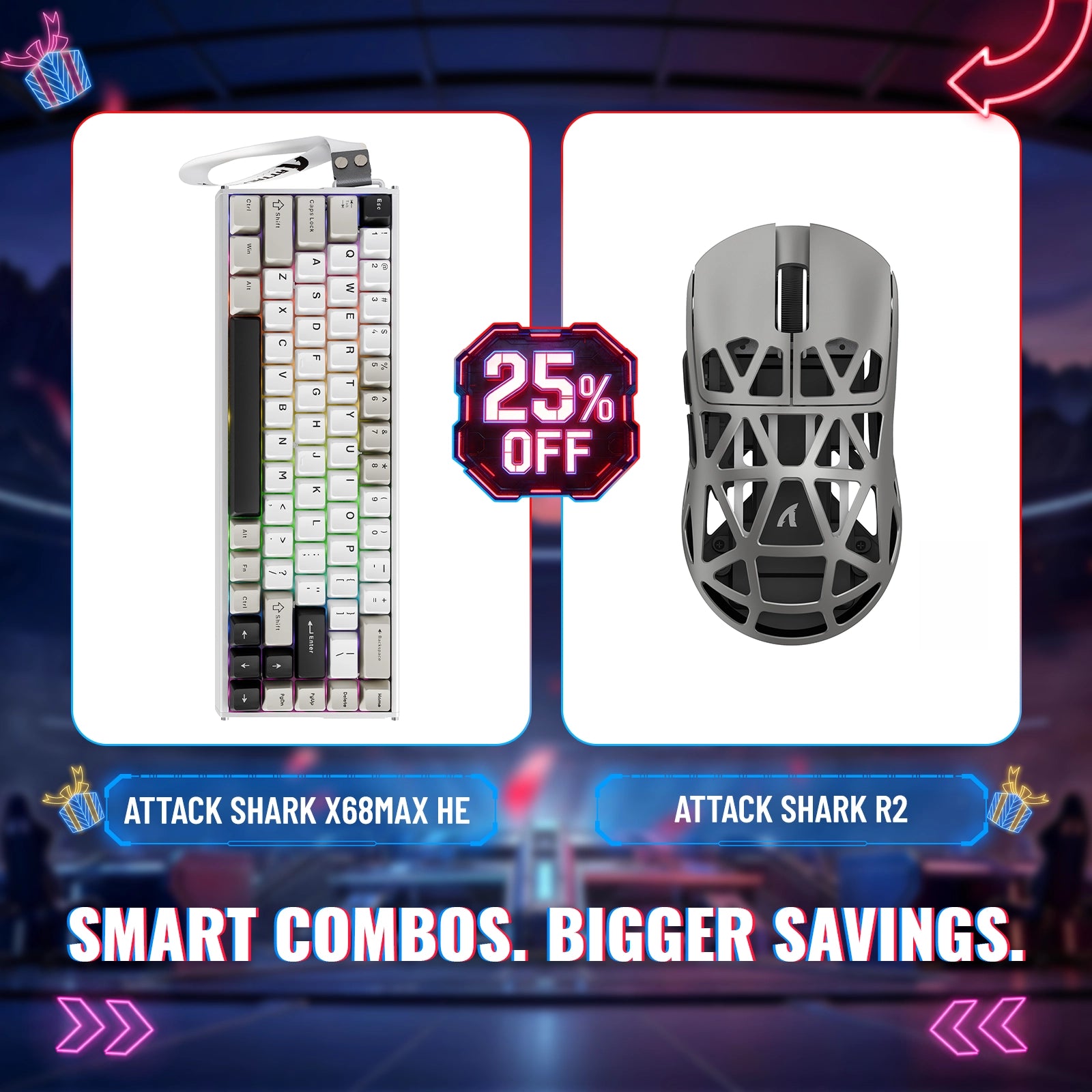 Pack clavier en aluminium à déclenchement rapide ATTACK SHARK X68MAX HE + souris de jeu sans fil en alliage de magnésium R2