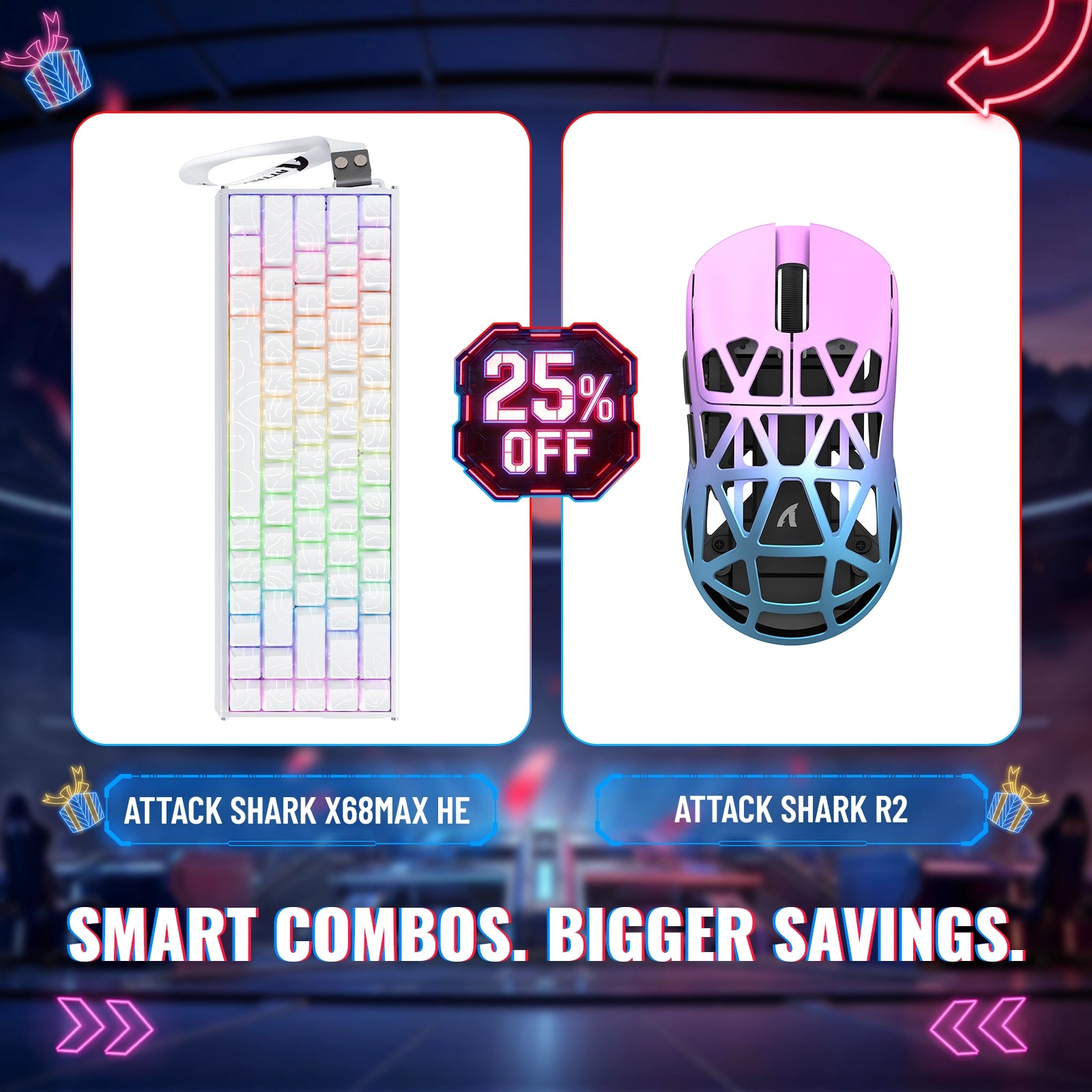 Pack clavier en aluminium à déclenchement rapide ATTACK SHARK X68MAX HE + souris de jeu sans fil en alliage de magnésium R2