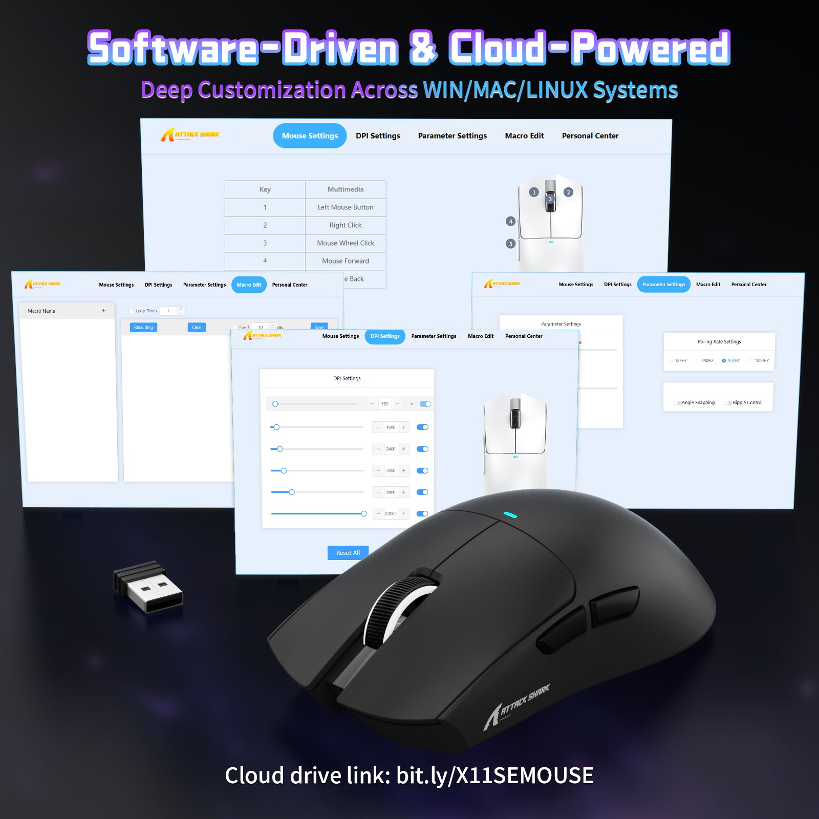 ATTACK SHARK X11SE wireless mouse software interface: DPI & macro settings on Windows, Mac, and Linux.