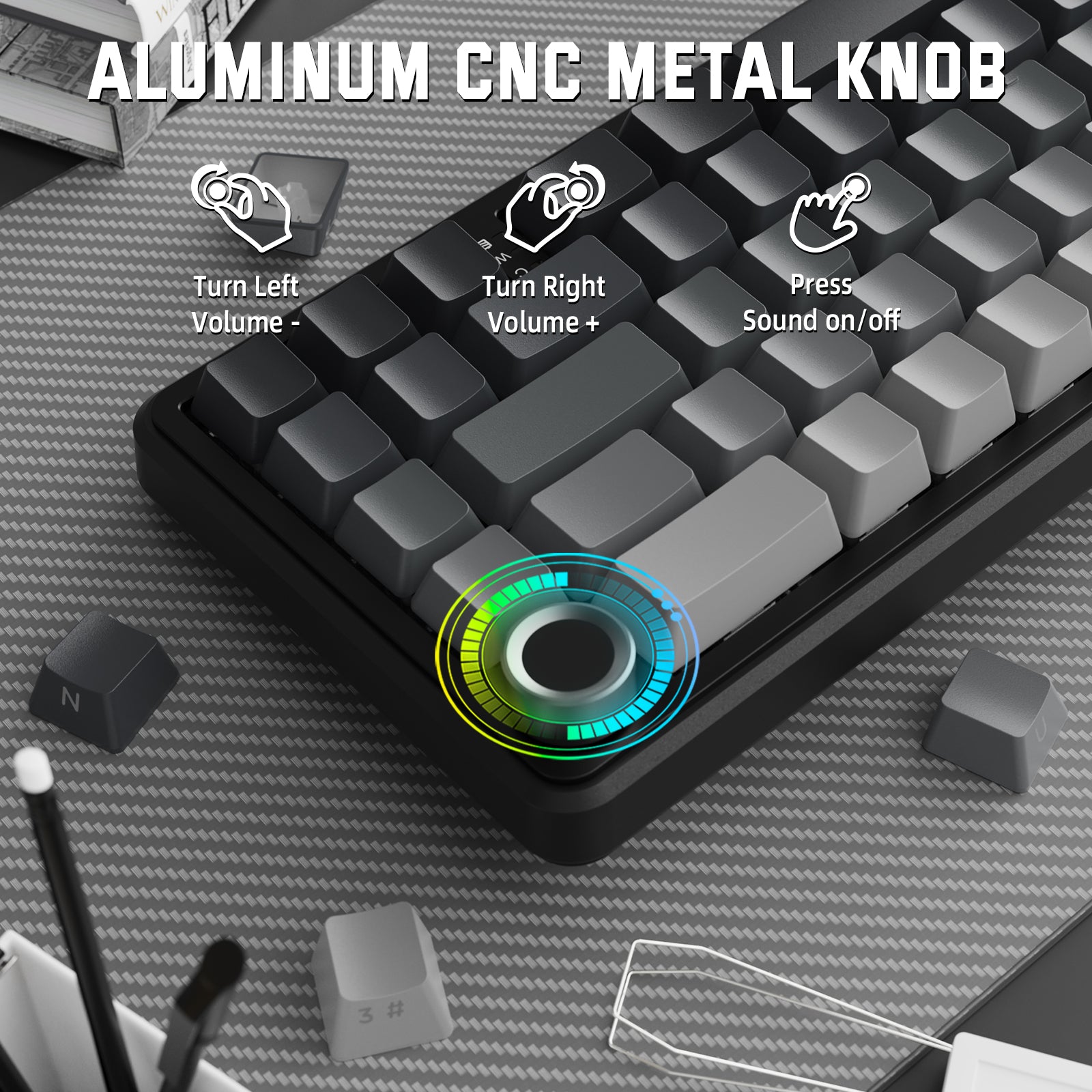 ATTACK SHARK X66 Wireless Mechanical Keyboard with aluminum CNC metal knob for volume control and sound on/off.