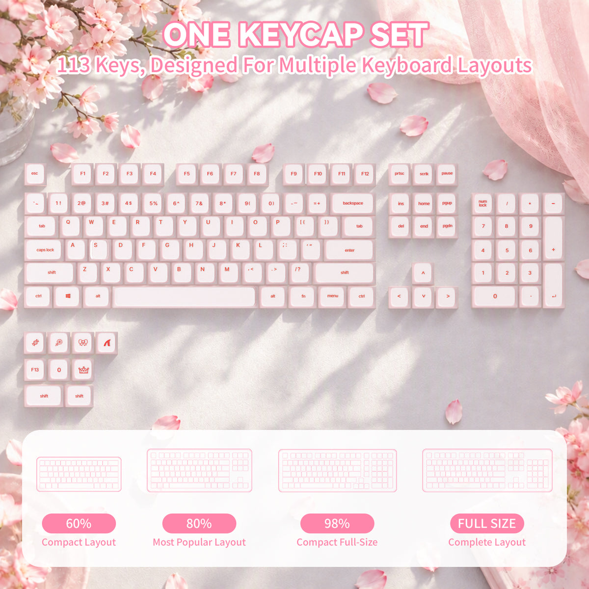 ATTACK SHARK SK01 Ensemble de 113 touches avec capuchons en silicone, profil Cherry, ANSI, rose
