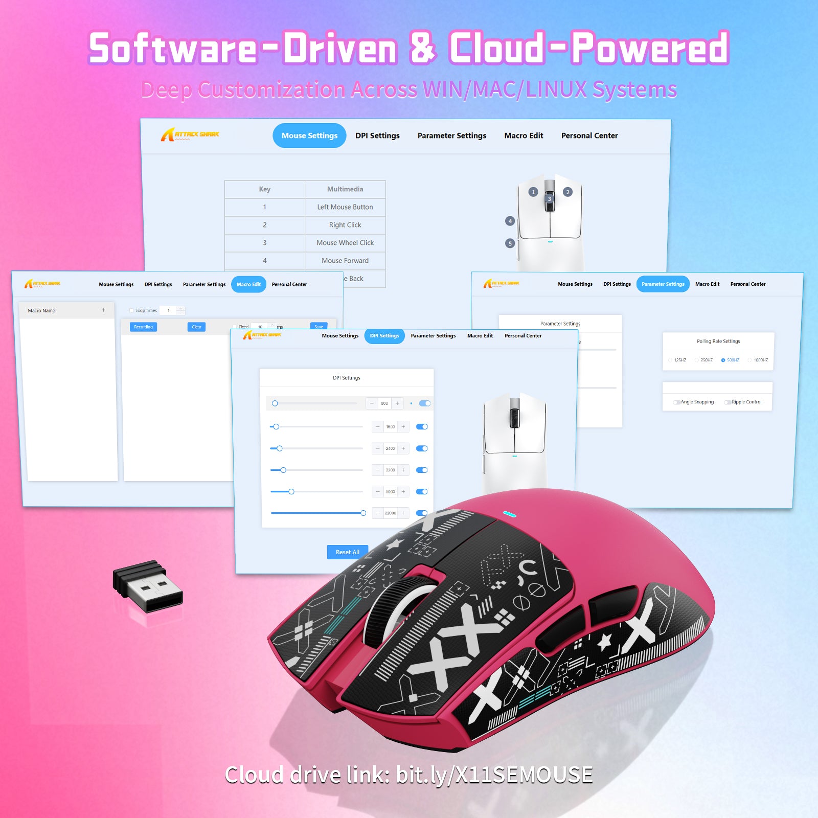 ATTACK SHARK X11SE wireless gaming mouse with customizable software interface showing DPI settings and macro editing.