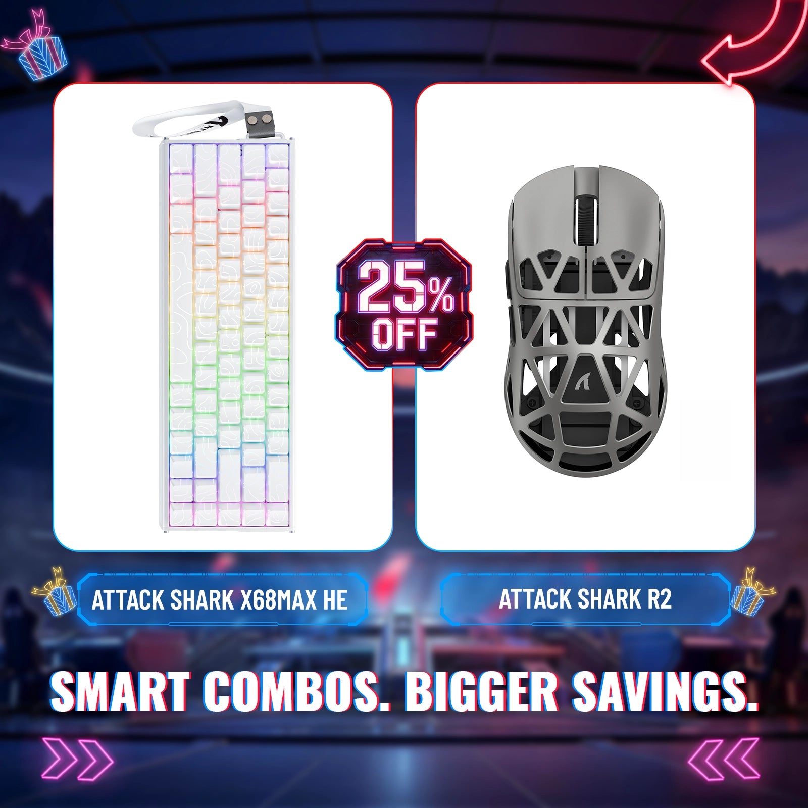 Pack clavier en aluminium à déclenchement rapide ATTACK SHARK X68MAX HE + souris de jeu sans fil en alliage de magnésium R2