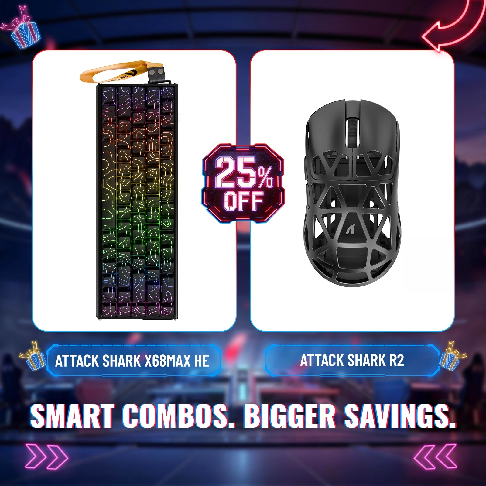 Pack clavier en aluminium à déclenchement rapide ATTACK SHARK X68MAX HE + souris de jeu sans fil en alliage de magnésium R2
