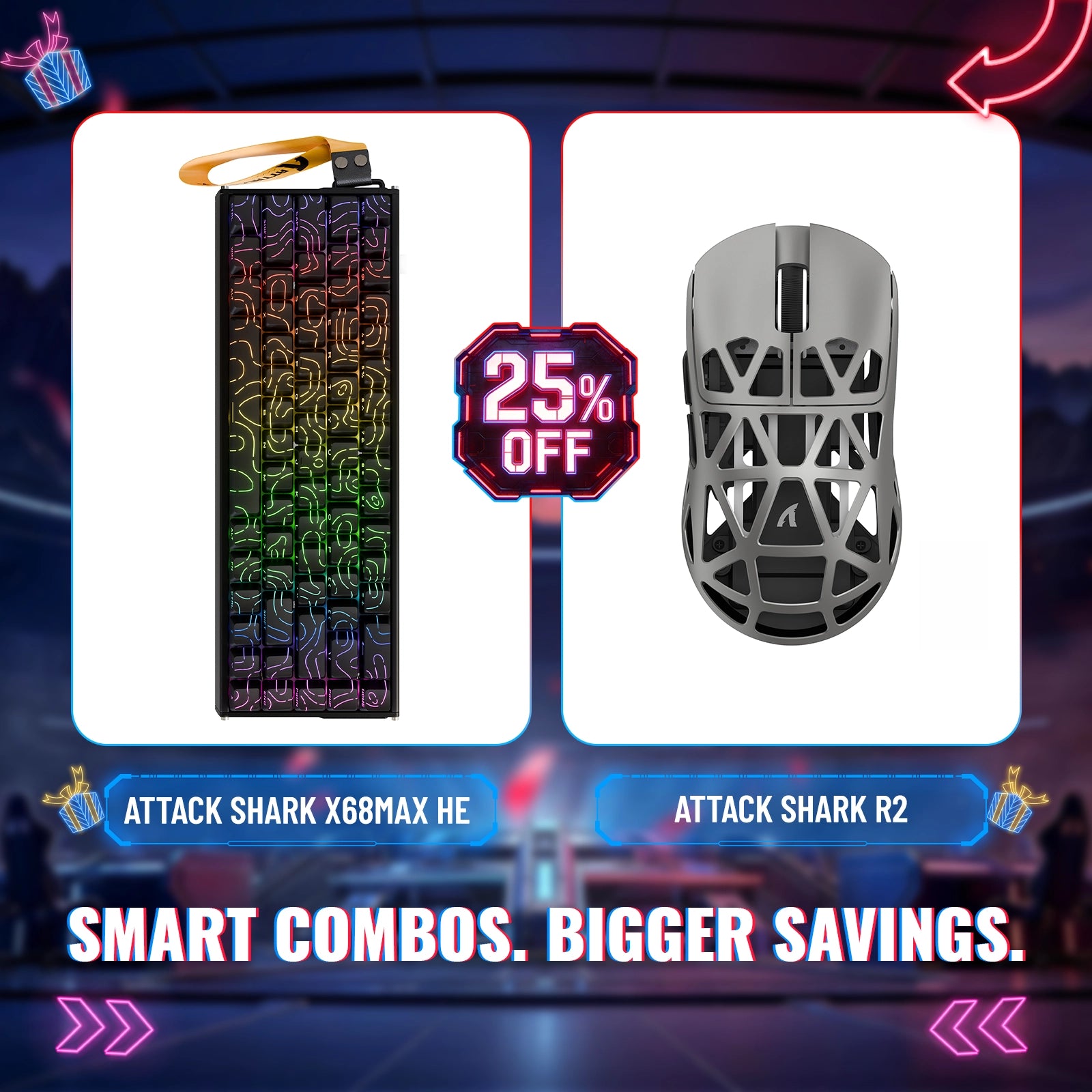 Pack clavier en aluminium à déclenchement rapide ATTACK SHARK X68MAX HE + souris de jeu sans fil en alliage de magnésium R2