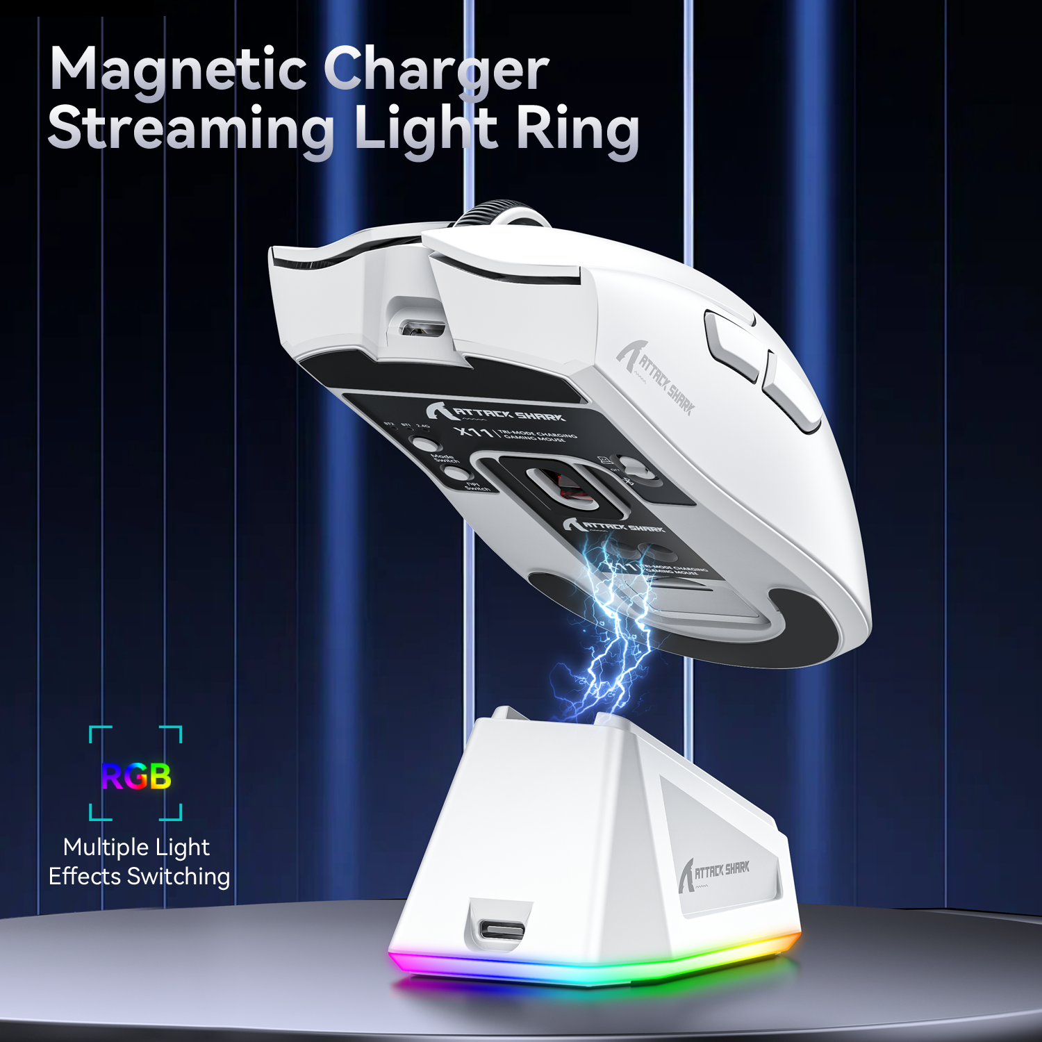 ATTACK SHARK X11 wireless gaming mouse charging on RGB magnetic dock with lightning effect.