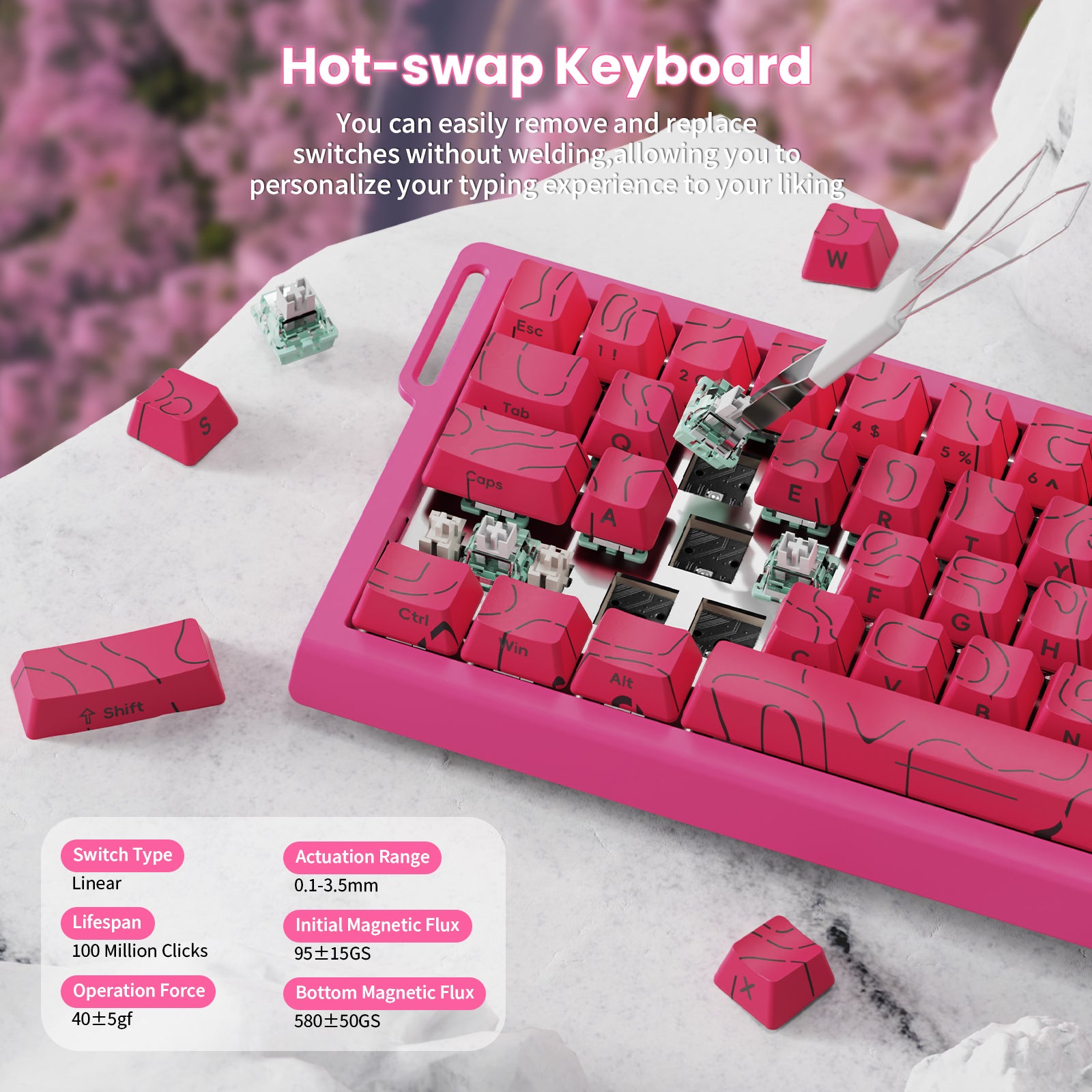 ATTACK SHARK X68 HE Hot-swap keyboard showcasing magnetic switches, keycaps, and switch replacement.