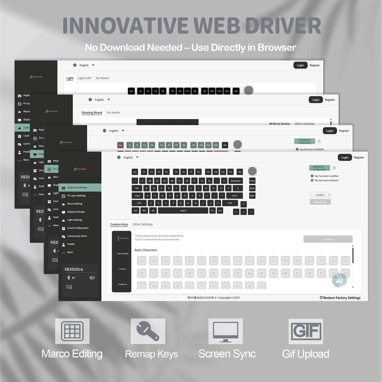 Screenshot of Attack Shark software interface showing keyboard settings with custom key options and key mapping.