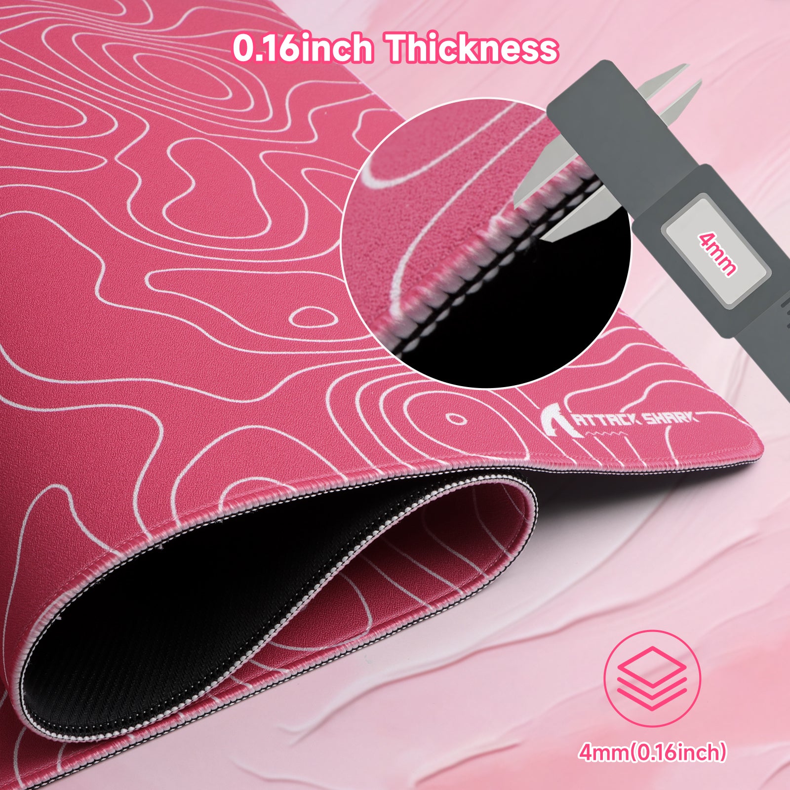 Pink ATTACK SHARK gaming mousepad with 4mm thickness, stitched edges, and non-slip base