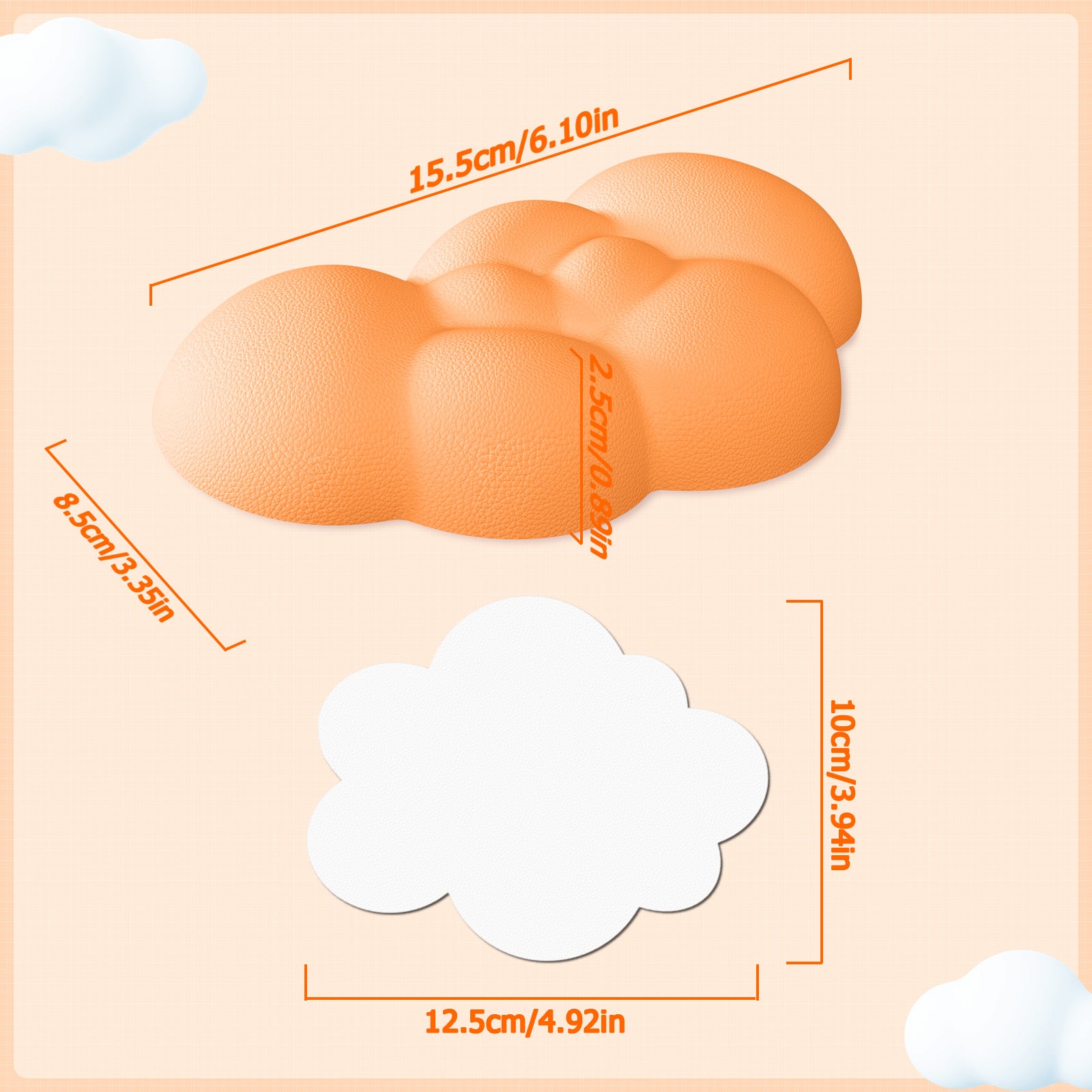 Measurements of orange cloud wrist rest and white coaster on light background.