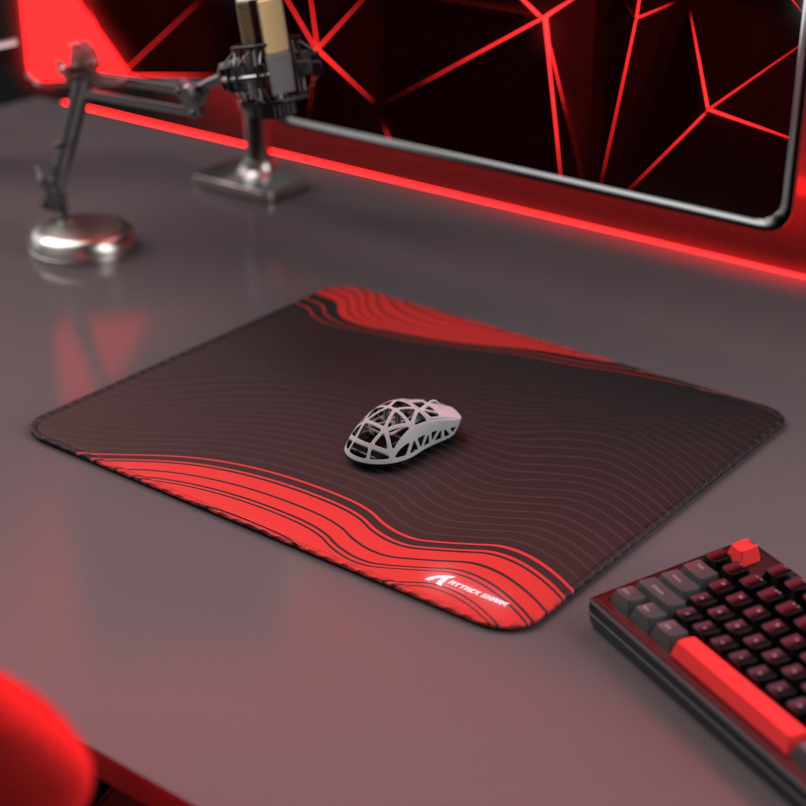 ATTACK SHARK CM02 gaming setup: Black and red mousepad with white gaming mouse and keyboard, esports design