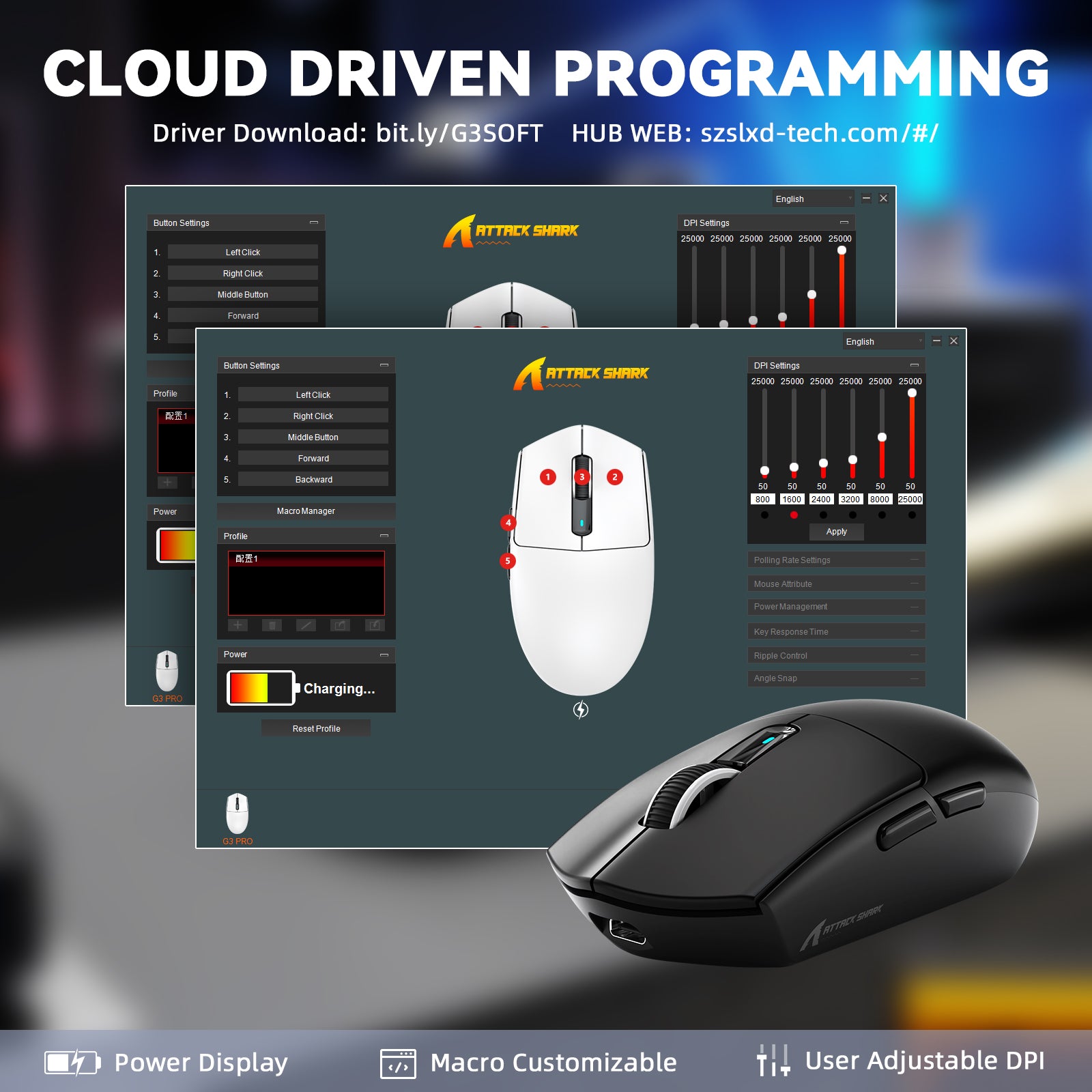 Souris de jeu sans fil tri-mode ATTACK SHARK G3PRO avec station de charge 25 000 DPI ultra légère