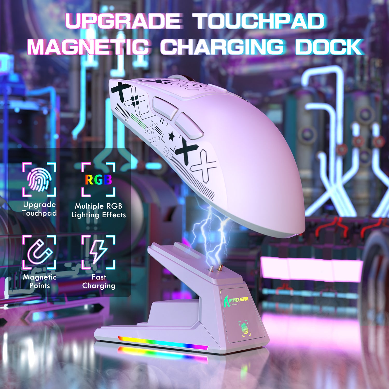 ATTACK SHARK X1 white gaming mouse with charging dock, touchpad, and RGB lighting