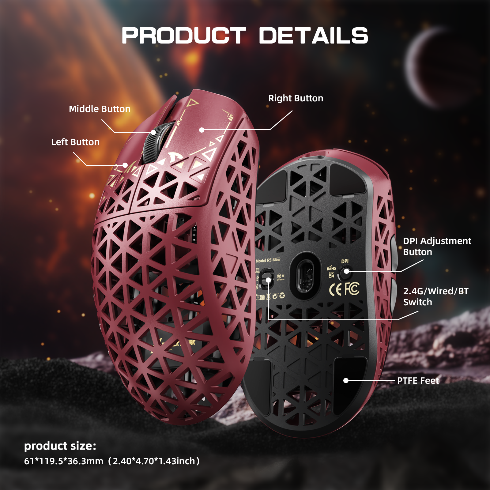 Souris gaming sans fil ATTACK SHARK R5 ULTRA en fibre de carbone 8K PAW3950MAX