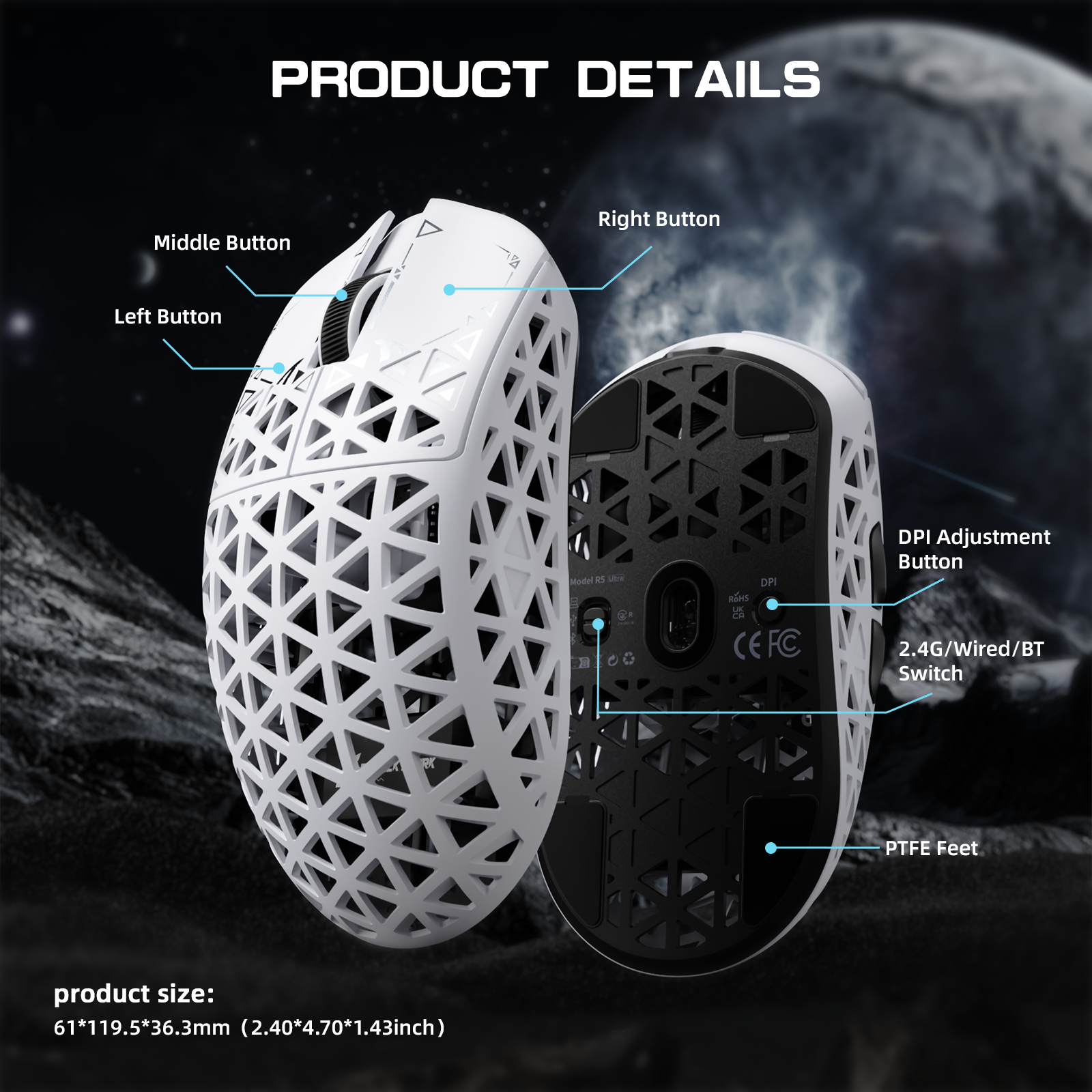 Souris gaming sans fil ATTACK SHARK R5 ULTRA en fibre de carbone 8K PAW3950MAX