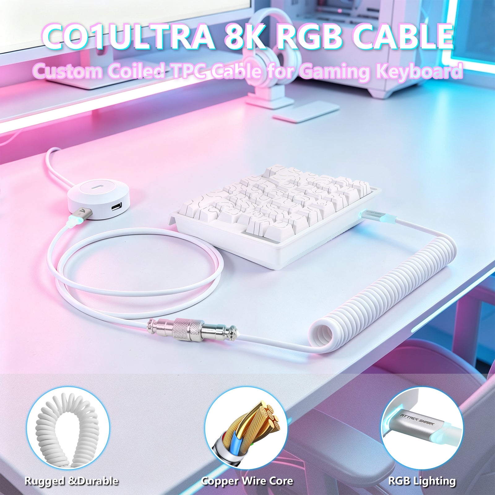 Clavier à interrupteur magnétique à une main ATTACK SHARK M36 HE & câble Aviateur LED ULTRA C01