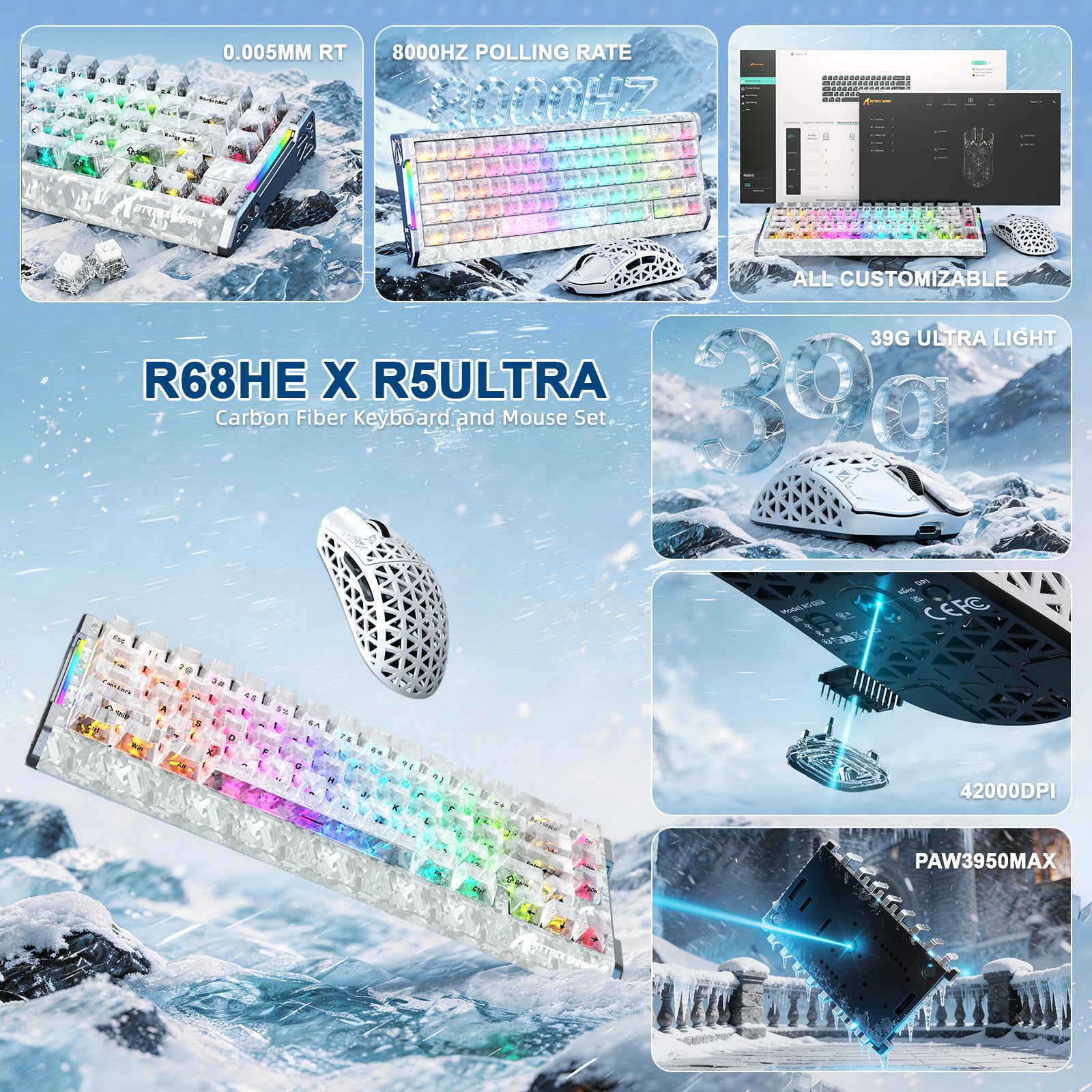 Pack gaming en fibre de carbone ATTACK SHARK R68 HE & R5 ULTRA