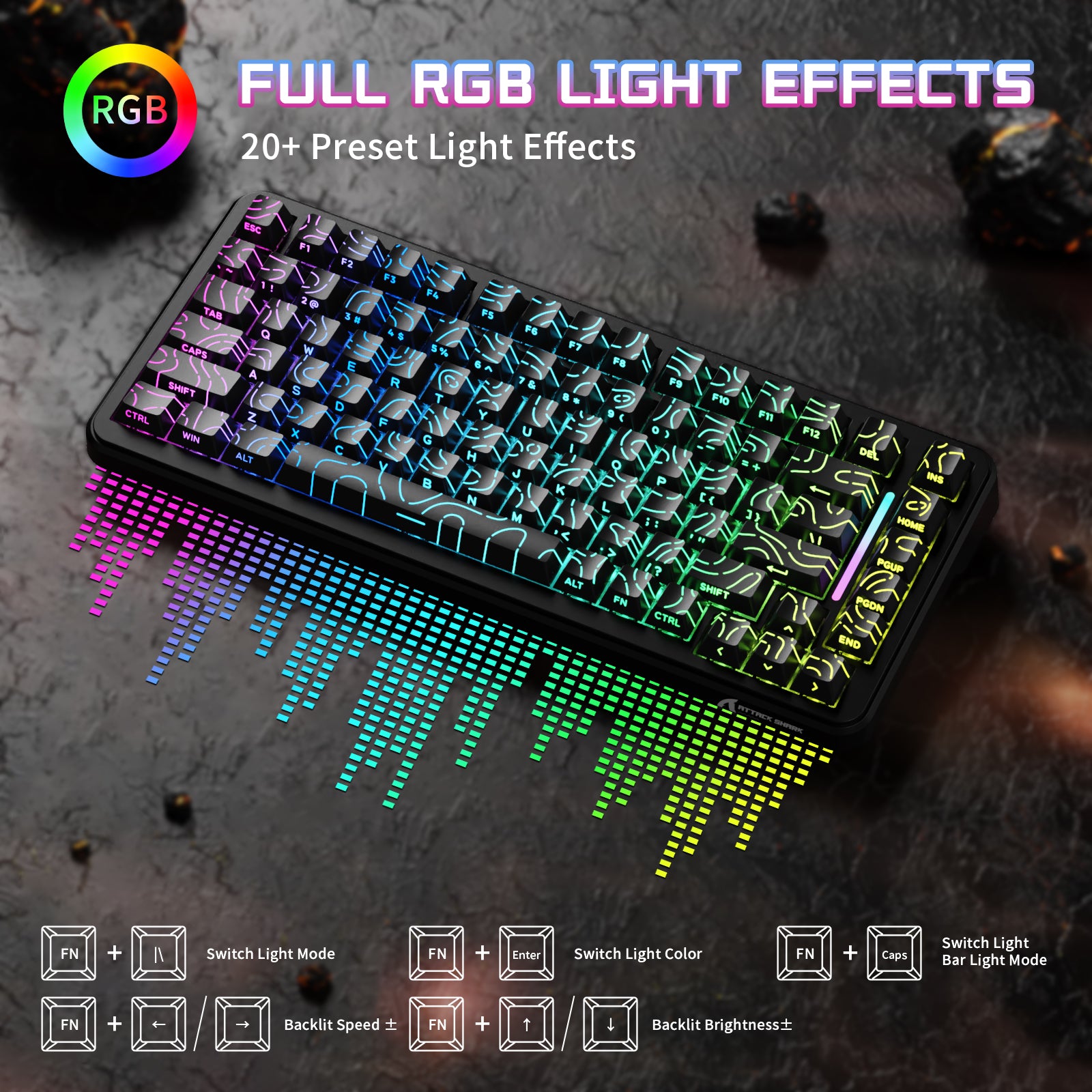 ATTACK SHARK X82PRO HE gaming keyboard with full RGB lighting effects and 20+ preset light modes