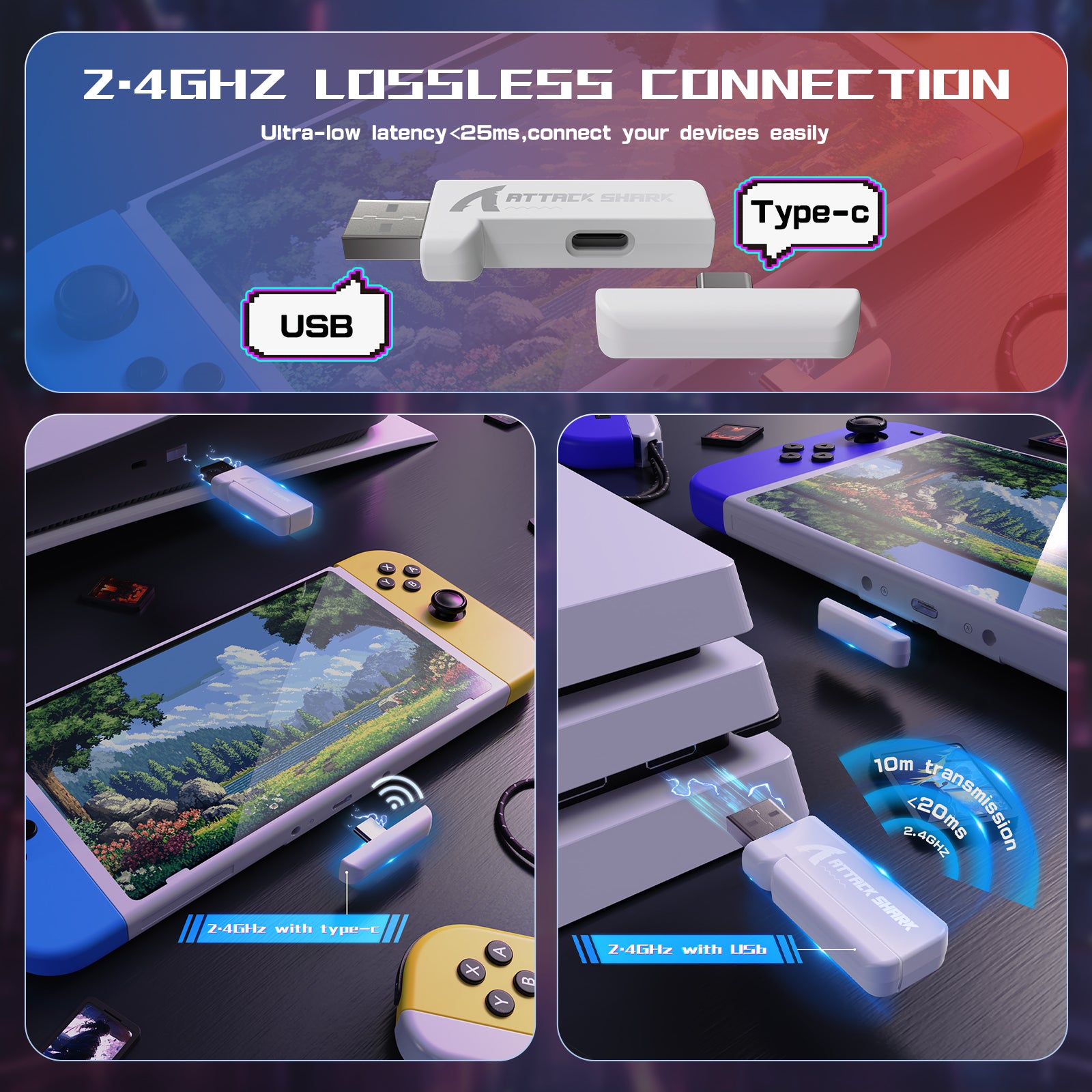 ATTACK SHARK 2.4GHz wireless adapter for gaming consoles and devices.