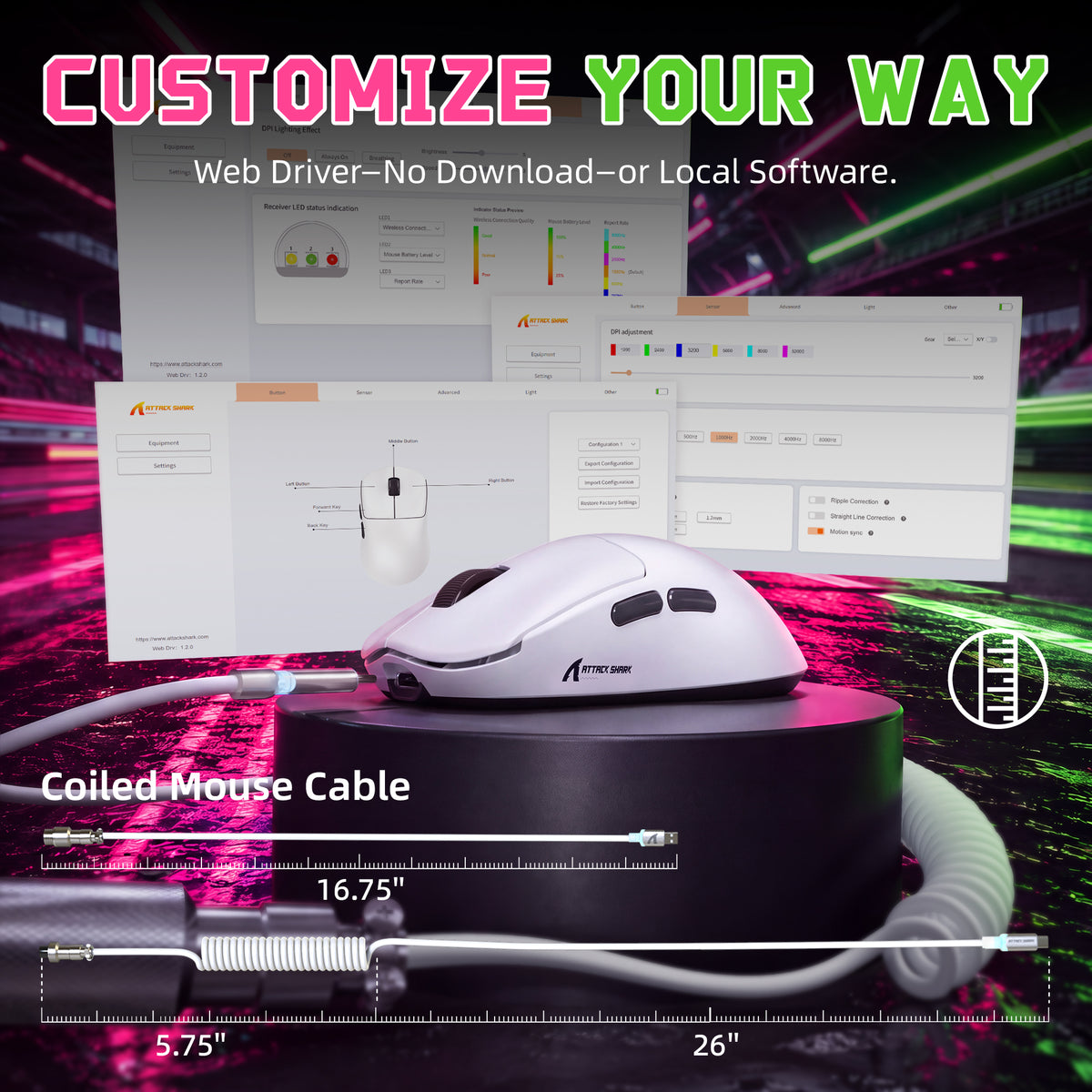 Souris gaming sans fil ATTACK SHARK F1 AIR 39g avec capteur PAW3955MAX et câble C06 Ultra