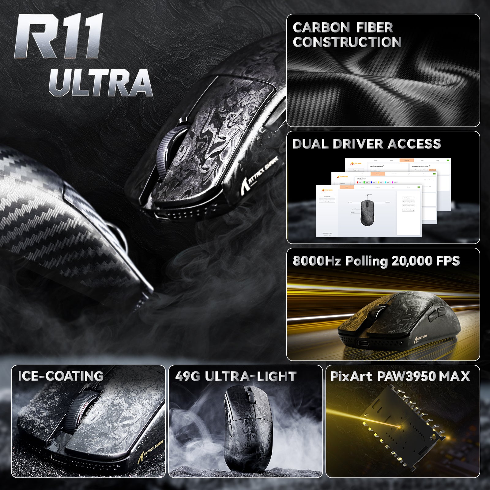 Souris de jeu sans fil ATTACK SHARK R11 ULTRA en fibre de carbone 8K PAW3950MAX avec câble LED Ultra C06