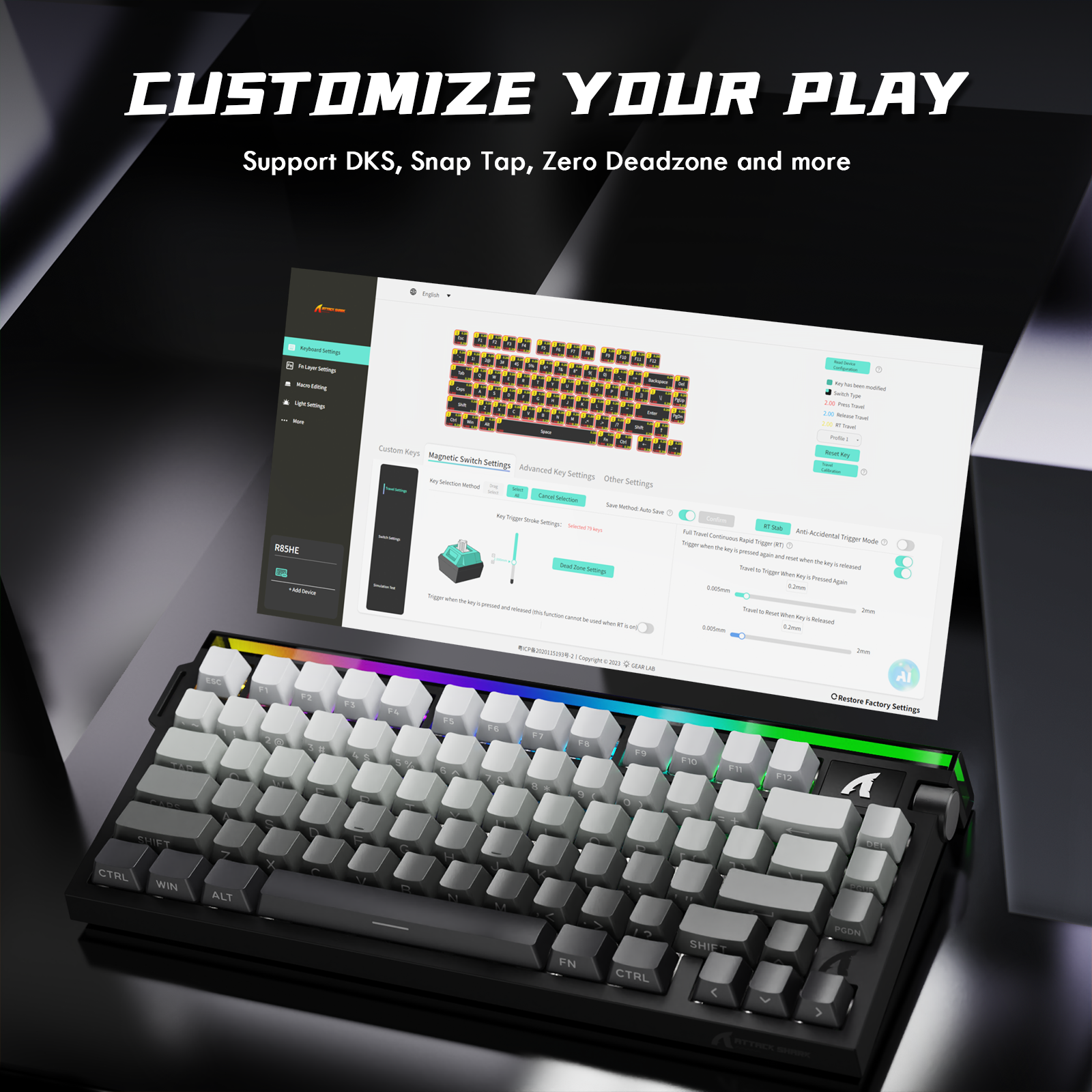 Clavier à déclenchement rapide ATTACK SHARK R85 HE avec interrupteur magnétique et Lightbox personnalisée