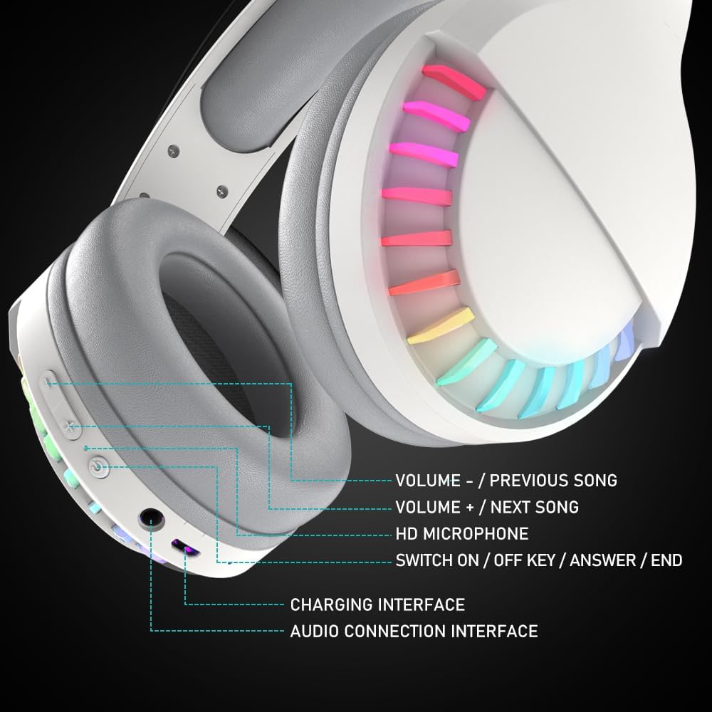 ATTACK SHARK SH33 wireless headset: Volume, mic, charge/audio ports. Rainbow RGB lighting. Bluetooth 5.0.