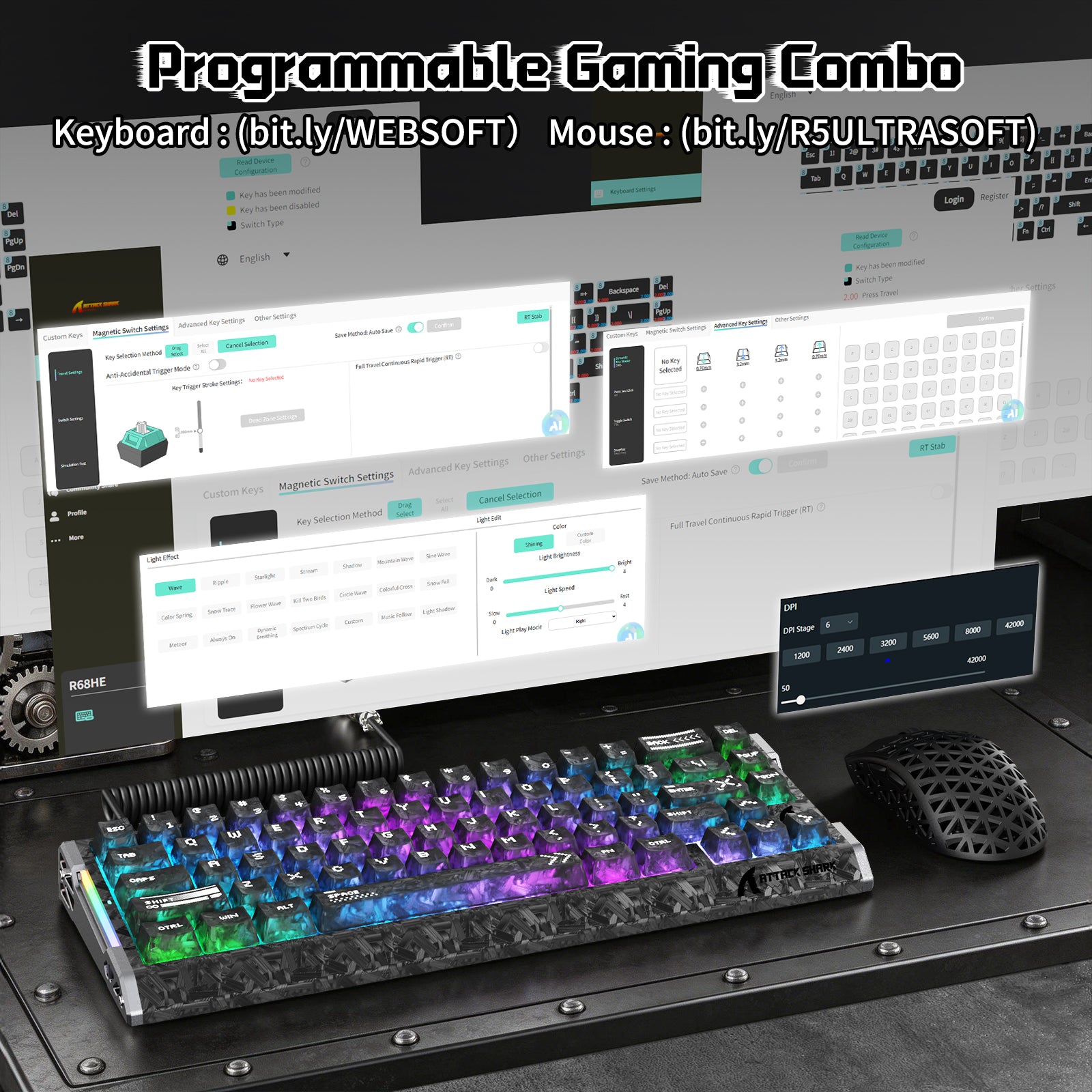 Pack gaming ATTACK SHARK R68 HE & R5 ULTRA en fibre de carbone avec câble enroulé Ultra C01