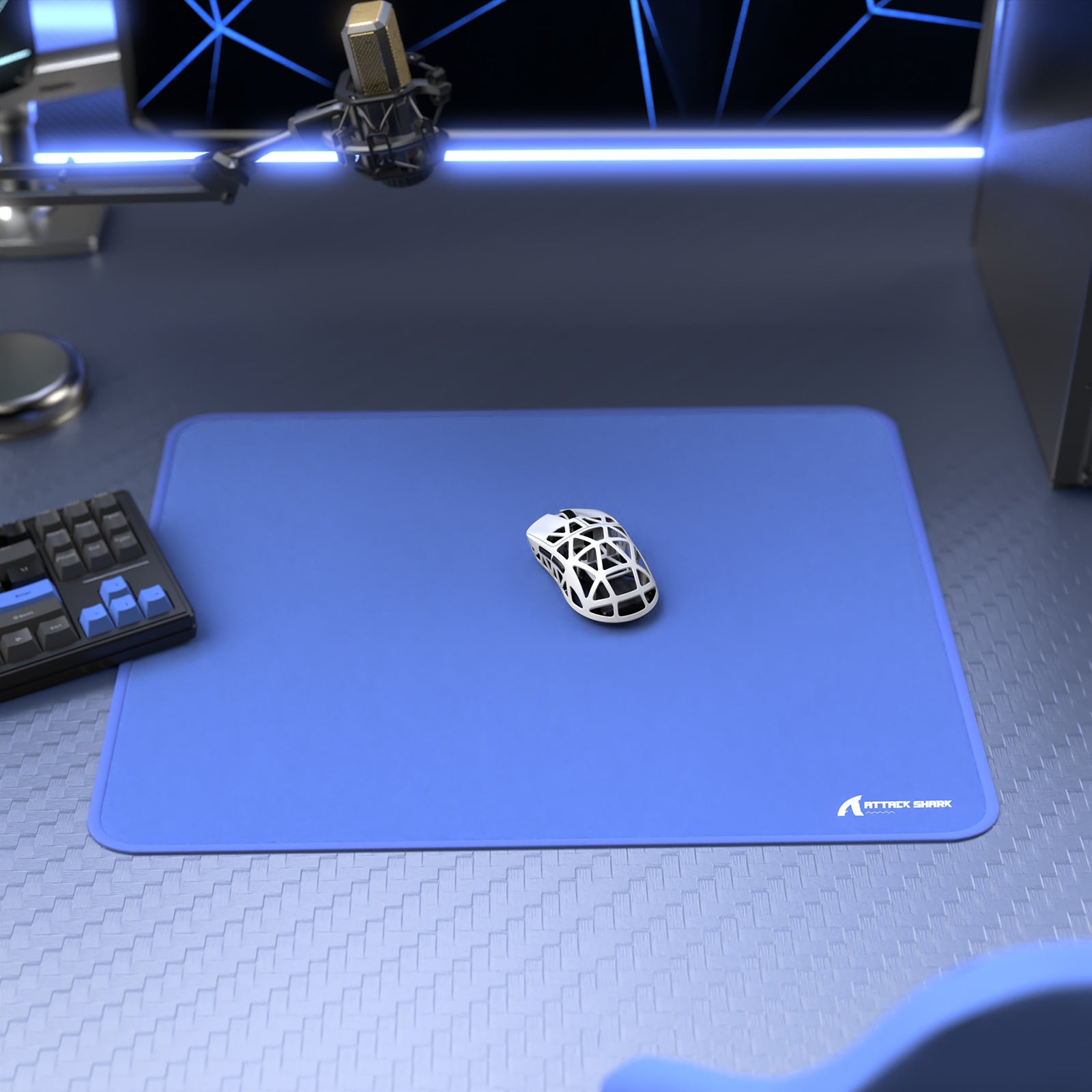 ATTACK SHARK CM02 eSport gaming setup with blue mousepad, white gaming mouse, and keyboard.