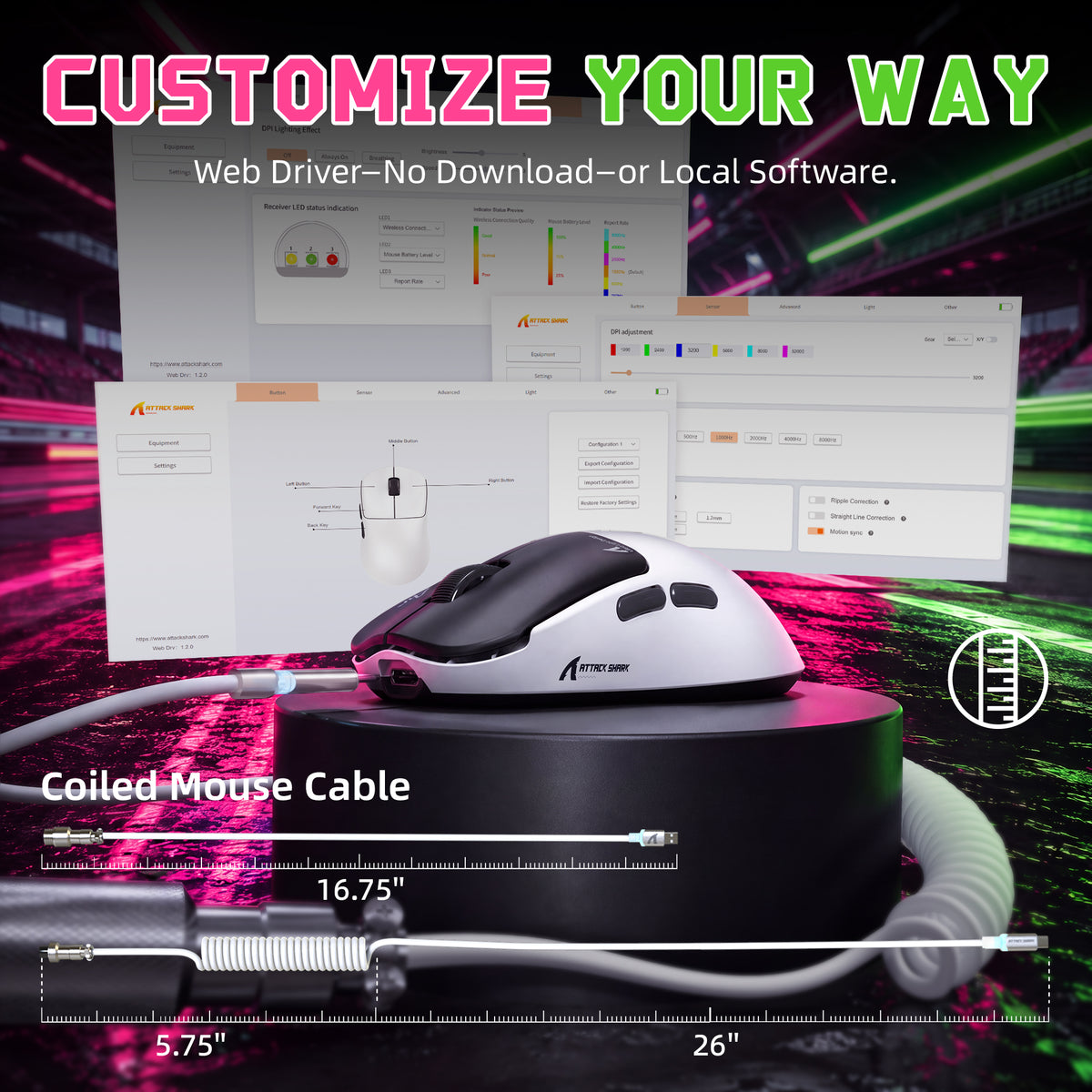 Souris gaming sans fil ATTACK SHARK F1 AIR 39g avec capteur PAW3955MAX et câble C06 Ultra