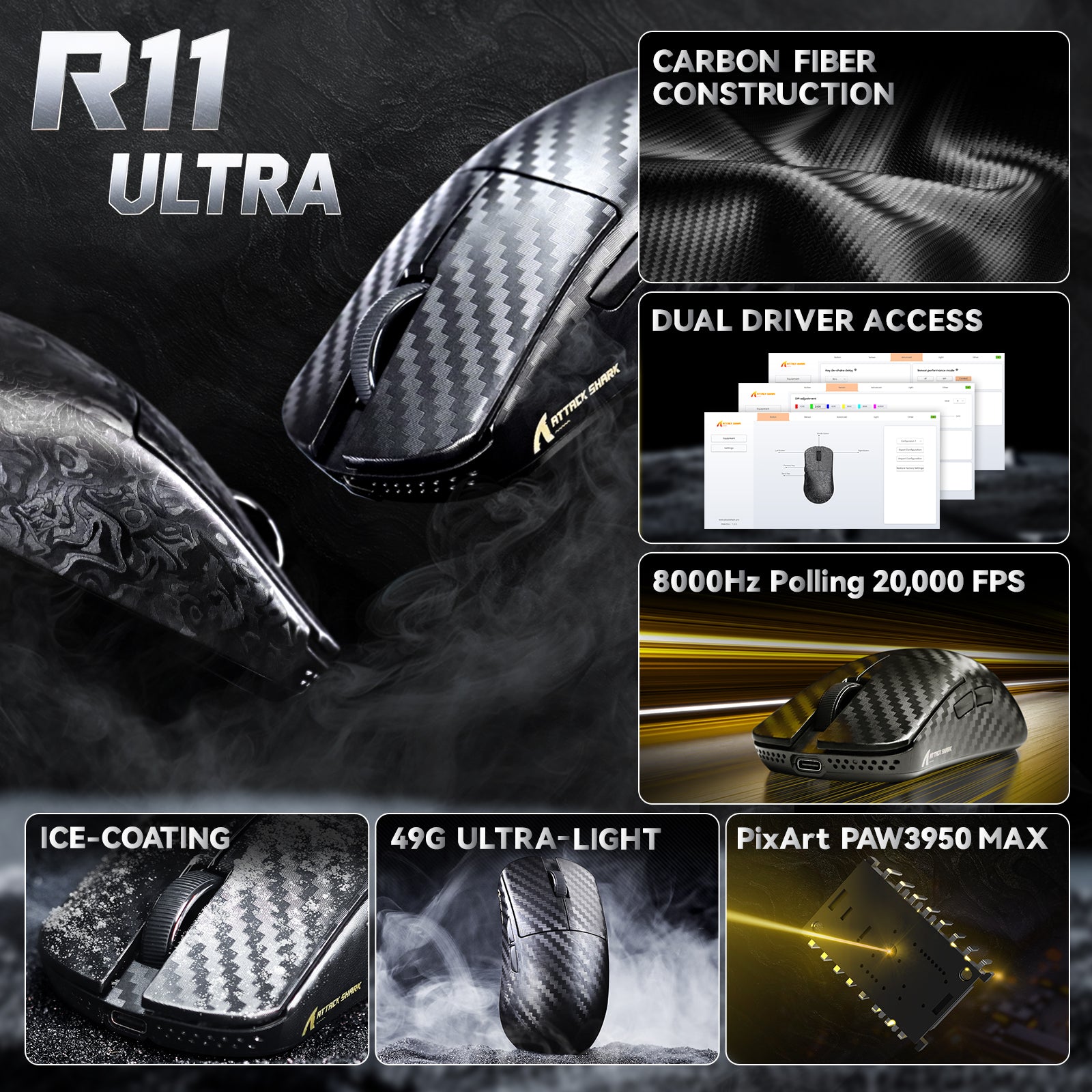 Souris de jeu sans fil 8K ATTACK SHARK R11 ULTRA en fibre de carbone PAW3950MAX