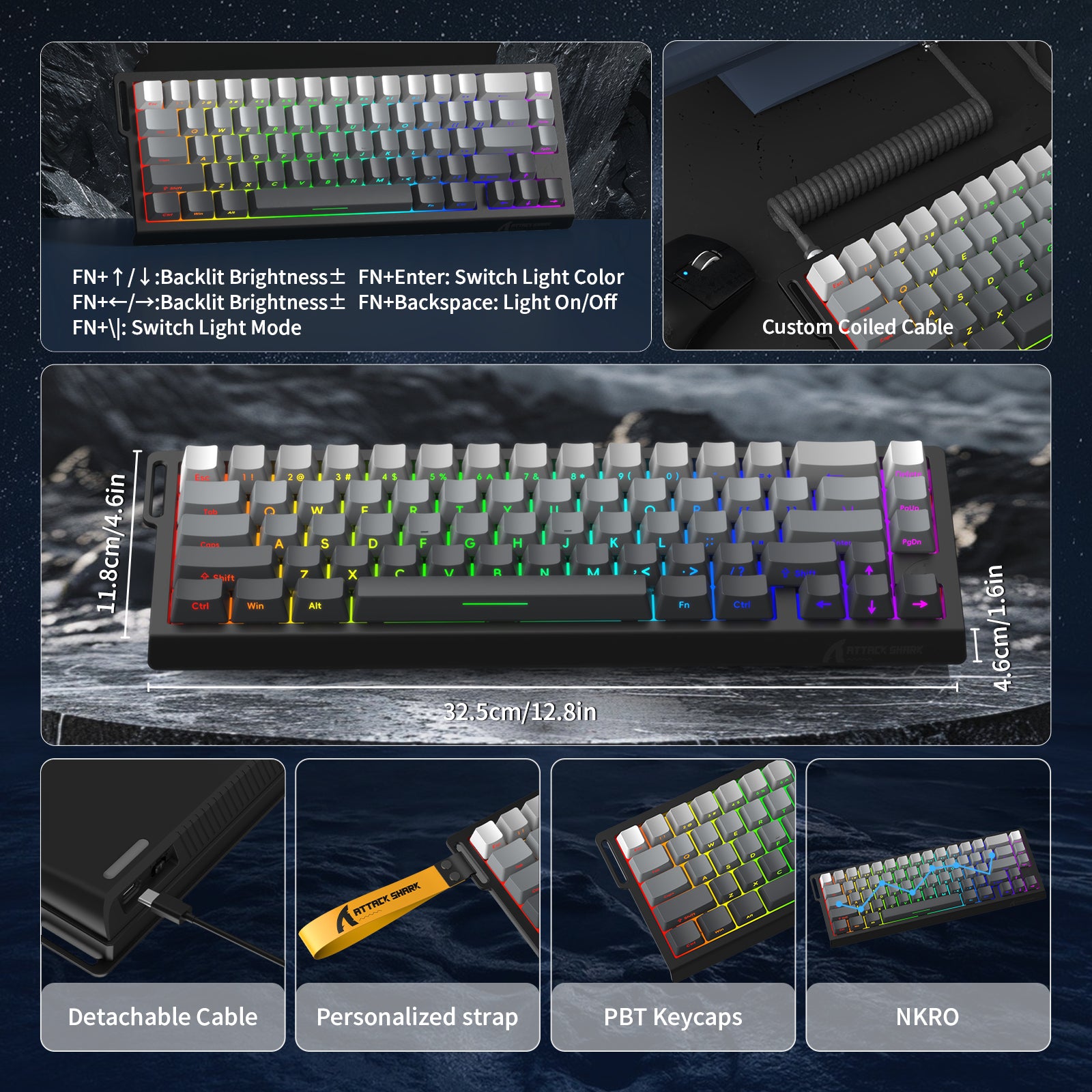 ATTACK SHARK X68 HE keyboard with coiled cable, RGB lighting, PBT keycaps, and dimensions.