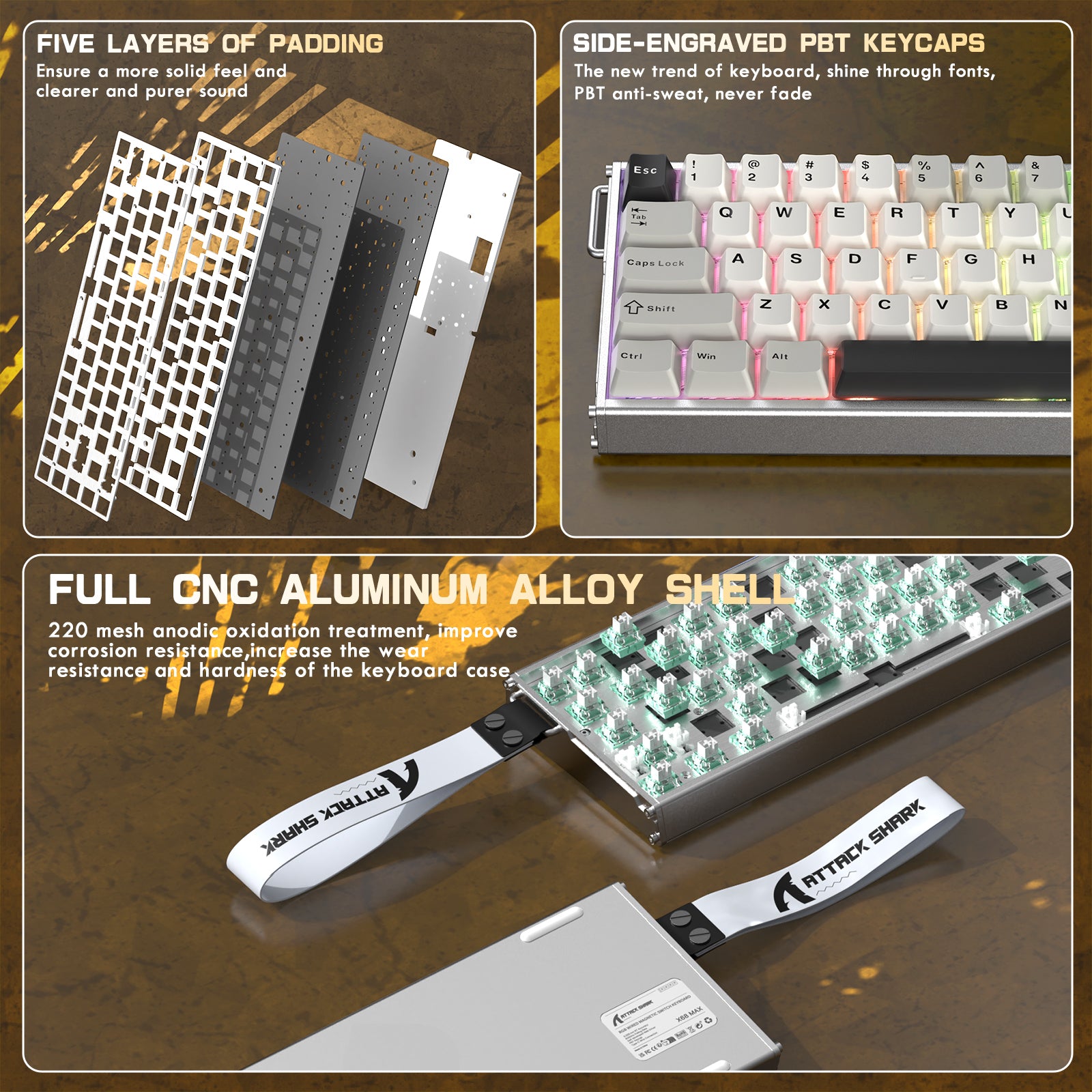 Clavier en aluminium CNC à déclenchement rapide ATTACK SHARK X68MAX HE avec interrupteur magnétique et câble enroulé RGB C01Ultra