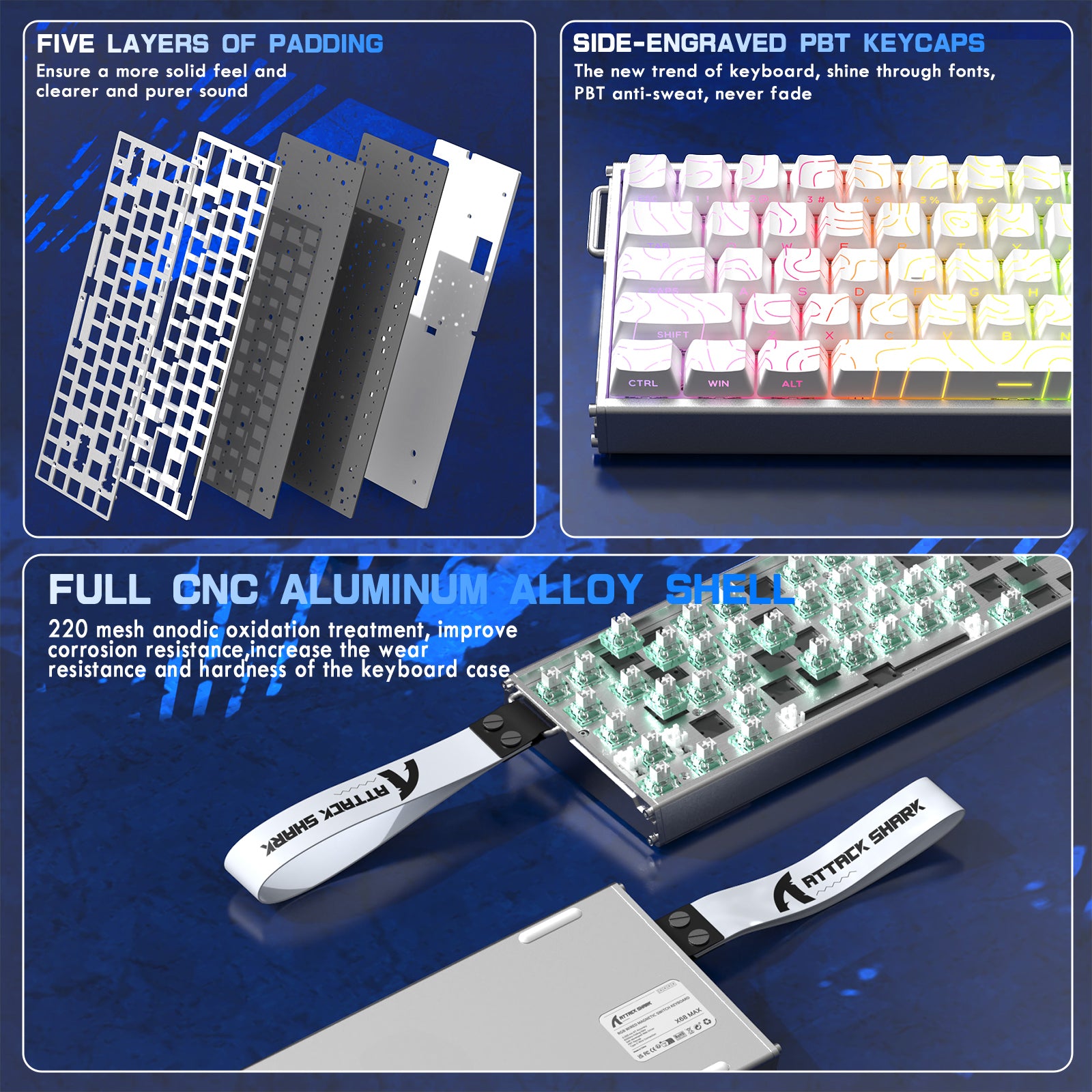 Clavier en aluminium CNC à déclenchement rapide ATTACK SHARK X68MAX HE avec interrupteur magnétique et câble enroulé RGB C01Ultra