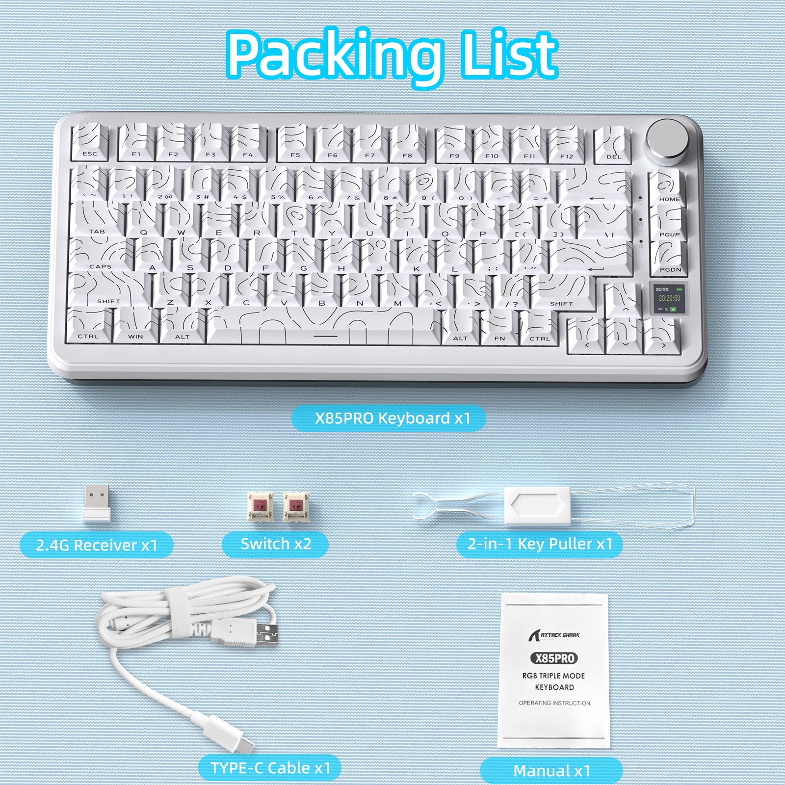 ATTACK SHARK X85PRO keyboard packing list: keyboard, receiver, switches, key puller, cable, manual.