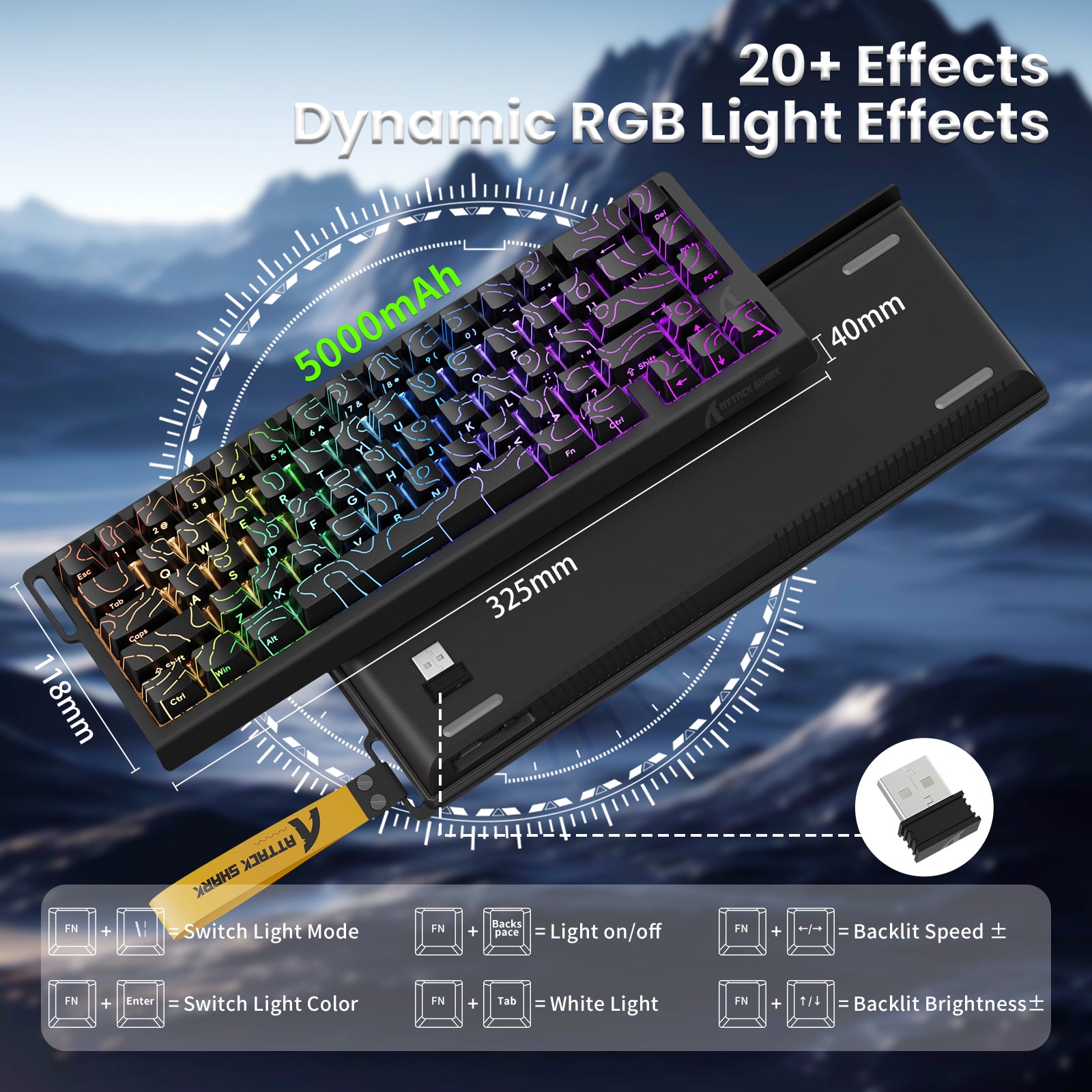 ATTACK SHARK X68PRO HE wireless keyboard with 5000mAh battery and dynamic RGB lighting.