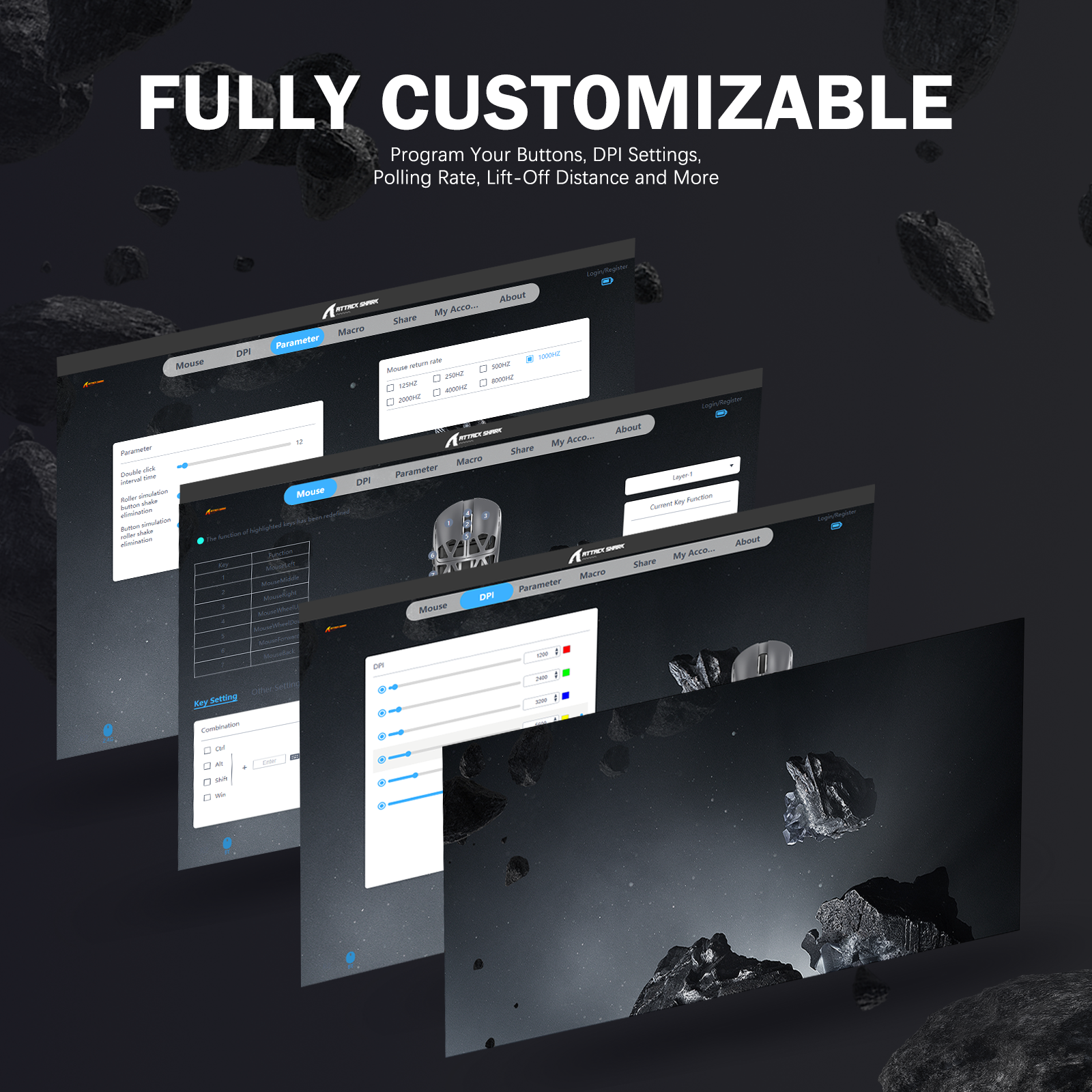 Attack Shark R2 gaming mouse software customization screen showing DPI, button mapping, and polling rate settings.